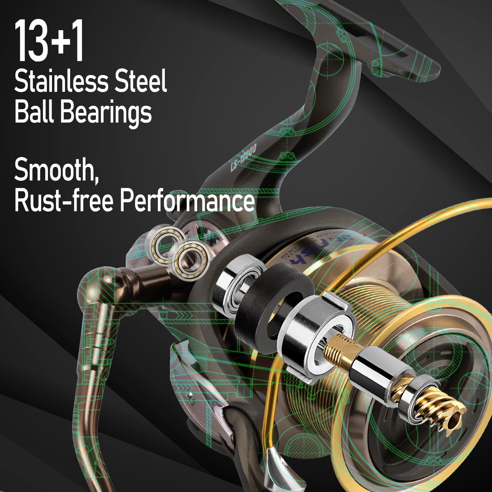 Dr.Fish Long Shot Spinning Reel, 10000/12000 Saltwater Surf Fishing Reel, 13+1 Bbs, 48Lb Max Drag, Ultra High Capacity, Heavy Duty Long Cast Offshore Trolling Surf Casting