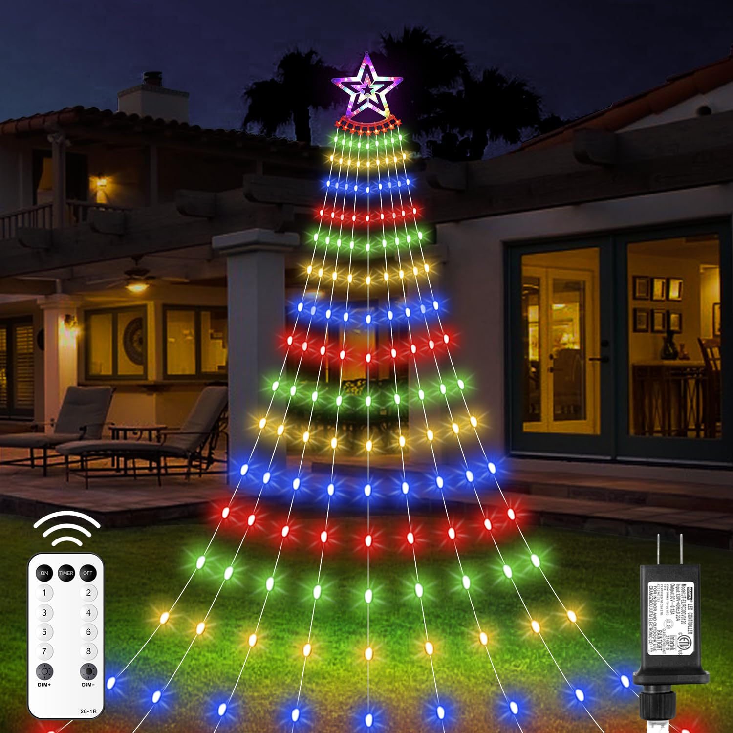 Amipepe Christmas Decorations Star Lights Outdoor, 11.48Ft 350 Led Waterfall Tree Lights With 8 Modes Timer Remote Plug In Christmas String Lights For Indoor Yard Patio Home Holiday Party Decor, Multicolor
