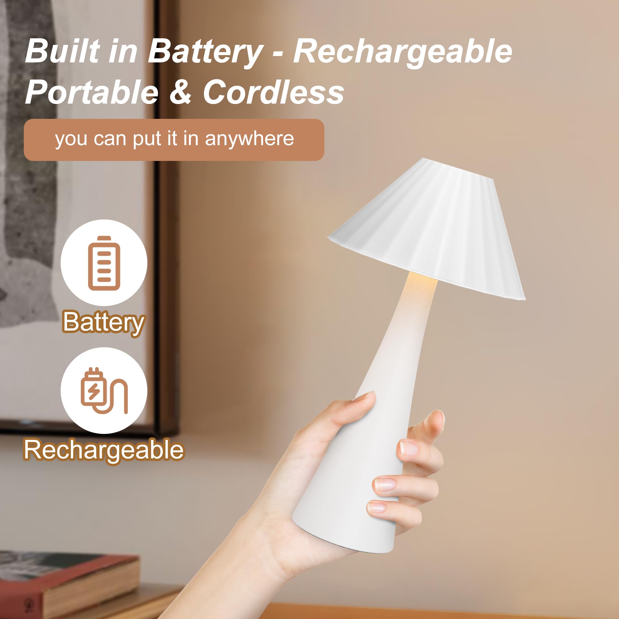 Hightry 2 Pack Cordless Table Lamps, White Portable Led Desk Lamp, 3000Mah Battery Operated Rechargeable Table Lights, Wireless Lamp With 2700K Stepless Dimming Up For Restaurant, Bars, Coffee Shop