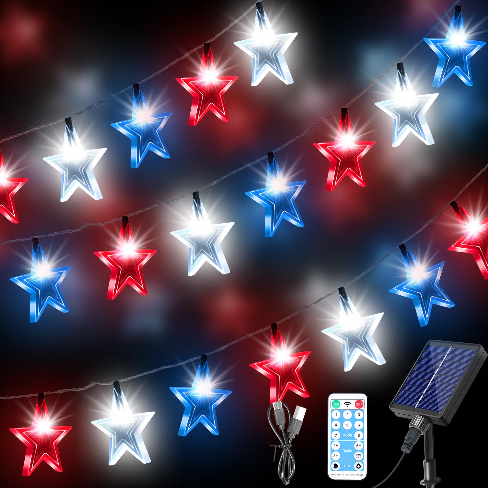 Amipepe Solar Powered 4Th Of July Decorations Star Lights, 45Ft Red White And Blue String Lights With 90Led Big Stars, 8 Modes Patriotic Lights Usb Charge For Indoor Outdoor Garden Independence Day Decor