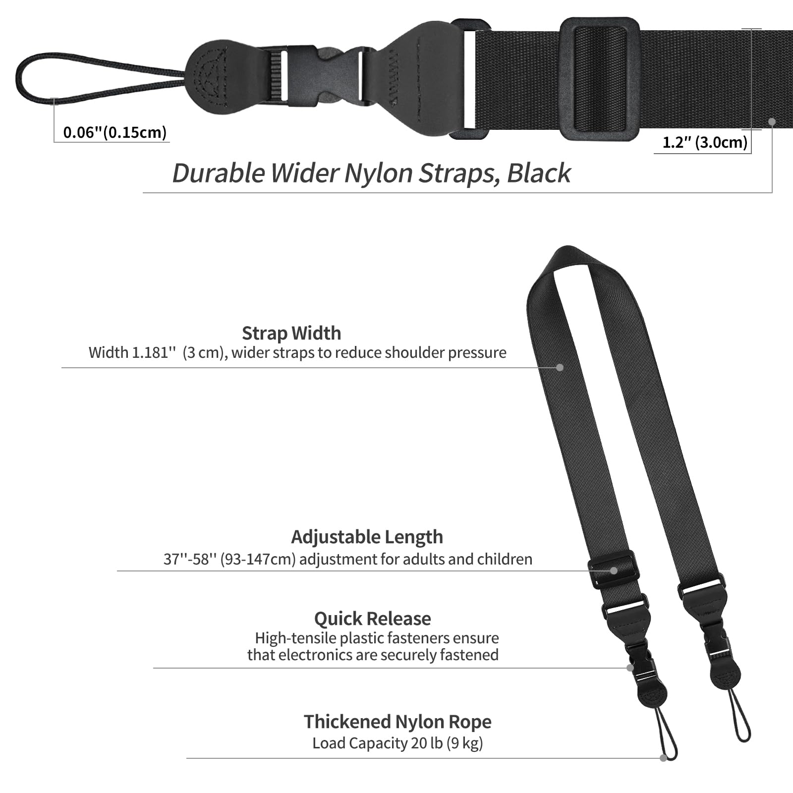 Fieil Adjustable Shoulder Strap, Nylon Camera Strap, Comfortable Neck Strap For Ipad, Cellphone Tablet, Camera, Laptop, Binocular, Luggage Bag (Black Universal Lanyard)
