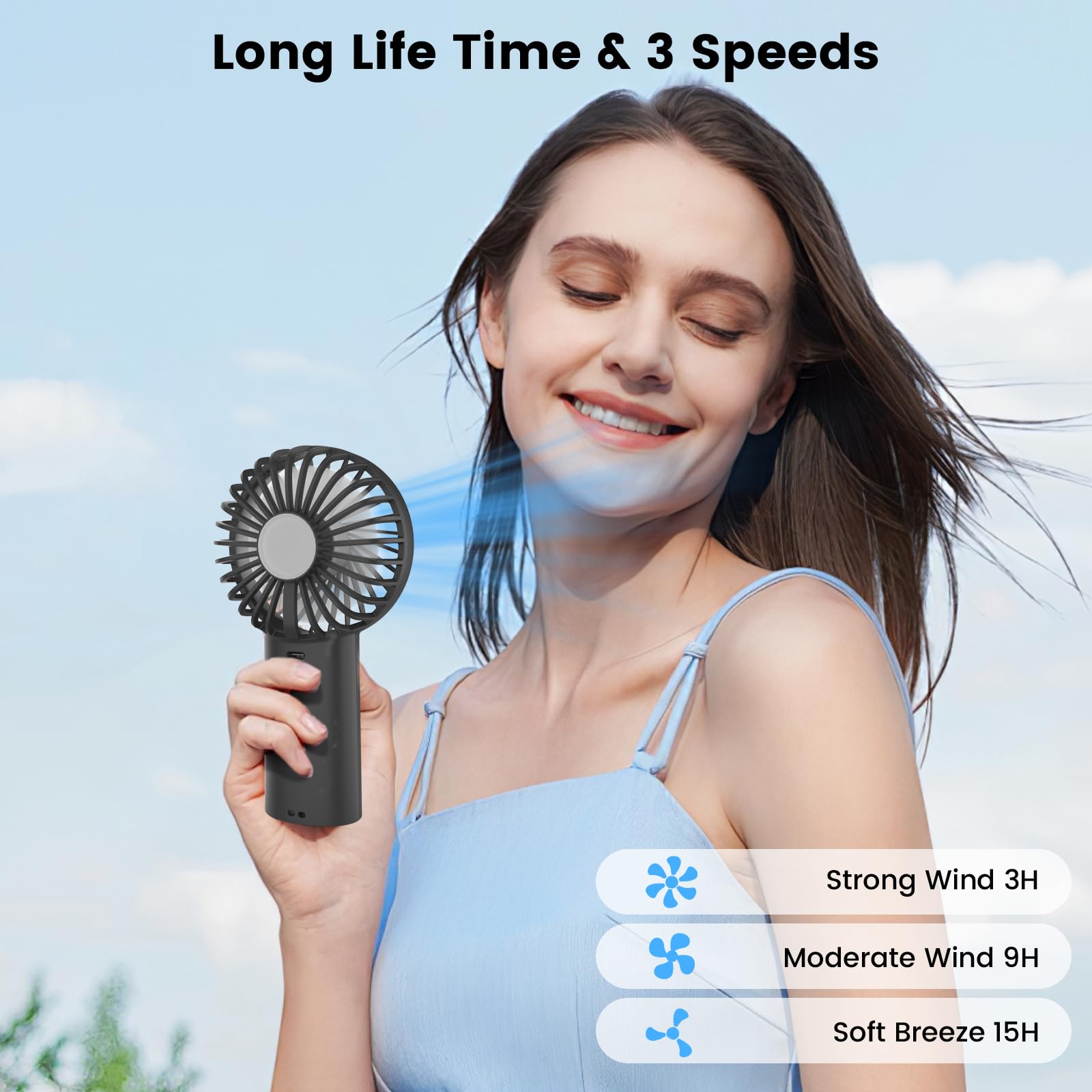 Portable Handheld Fan,3 Speeds Powerful Personal Fans With Flashlight, Usb Rechargeable 2400Mah