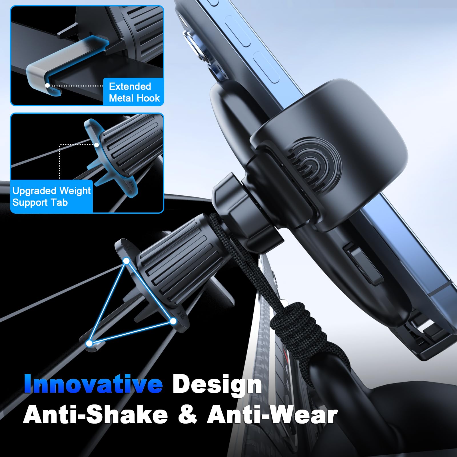 Ruamuafly [ ] Phone Holders For Your Car Vent Extended Metal Hook [Ultra-Stable] [Wider Clamp &Fit Thicker Case] Cellphone Car Mount For Iphone 16 Pro Max 15 Plus 14 13 12 Android Samsung S24 Ultra Pixel