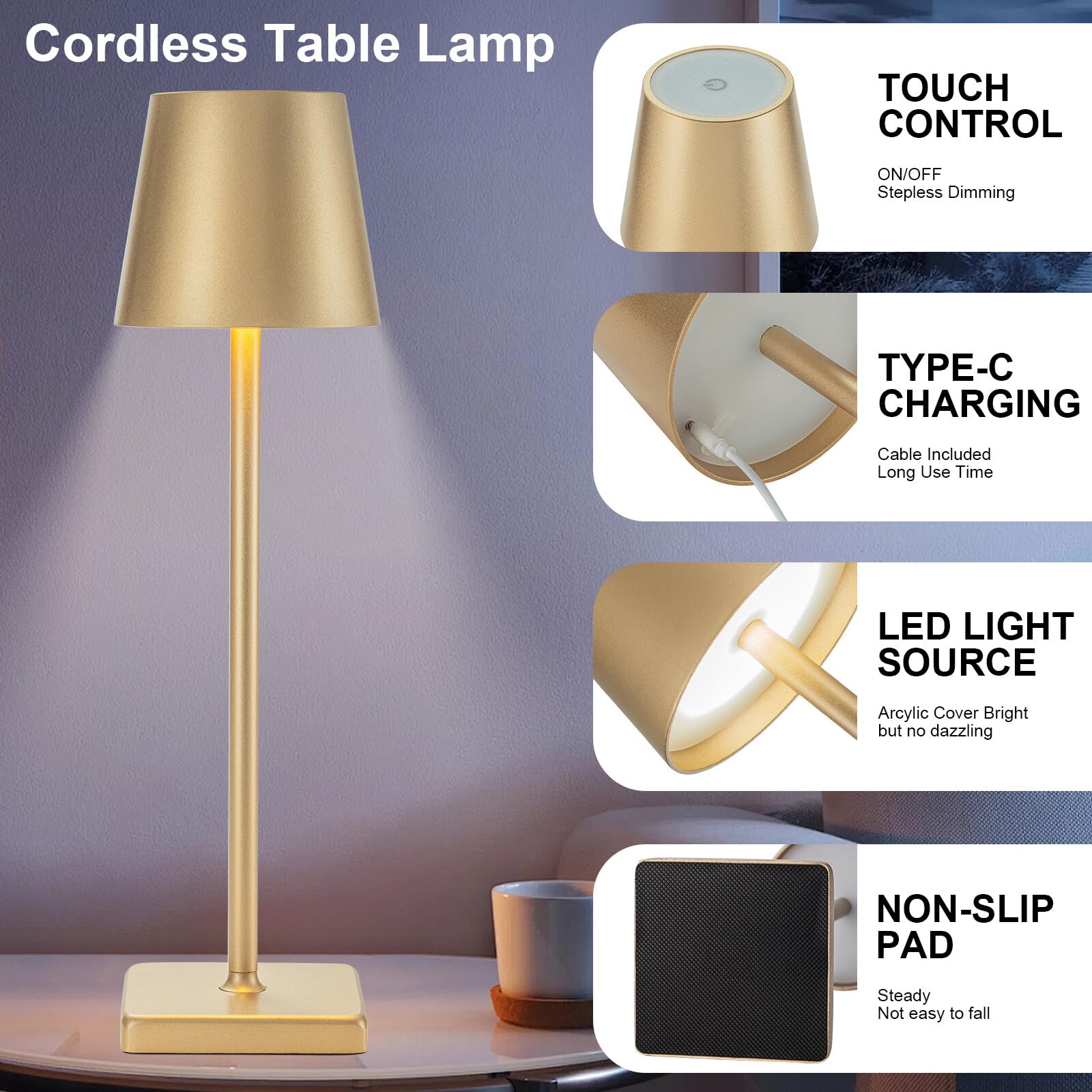 Kelary 2 Pack Rechargeable Cordless Table Lamps, 5200Mah Battery Touch Table Light, Aluminum Shell Stepless Dimmable Portable Led Desk Lamp For Dinner/Restaurant/Outdoor Gold