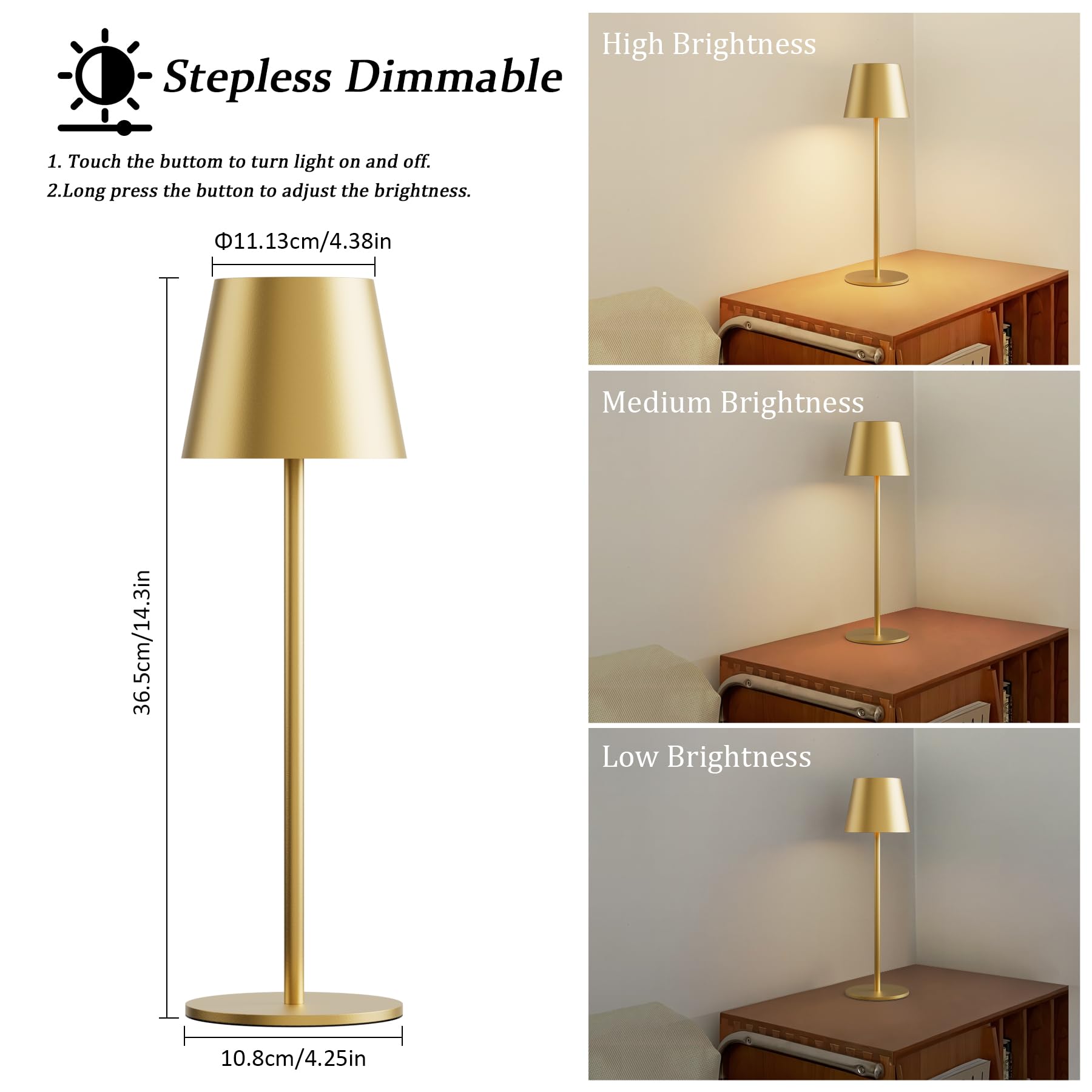 Irotine 1-Pack Gold Led Cordless Table Lamp, Rechargeable Battery Desk Lamp 3W 5000Mah Battery Operated, Ip54 Waterproof|3000K Warm Light|Stepless Dimming Outdoor Table Lamp For Restaurant/Dinner