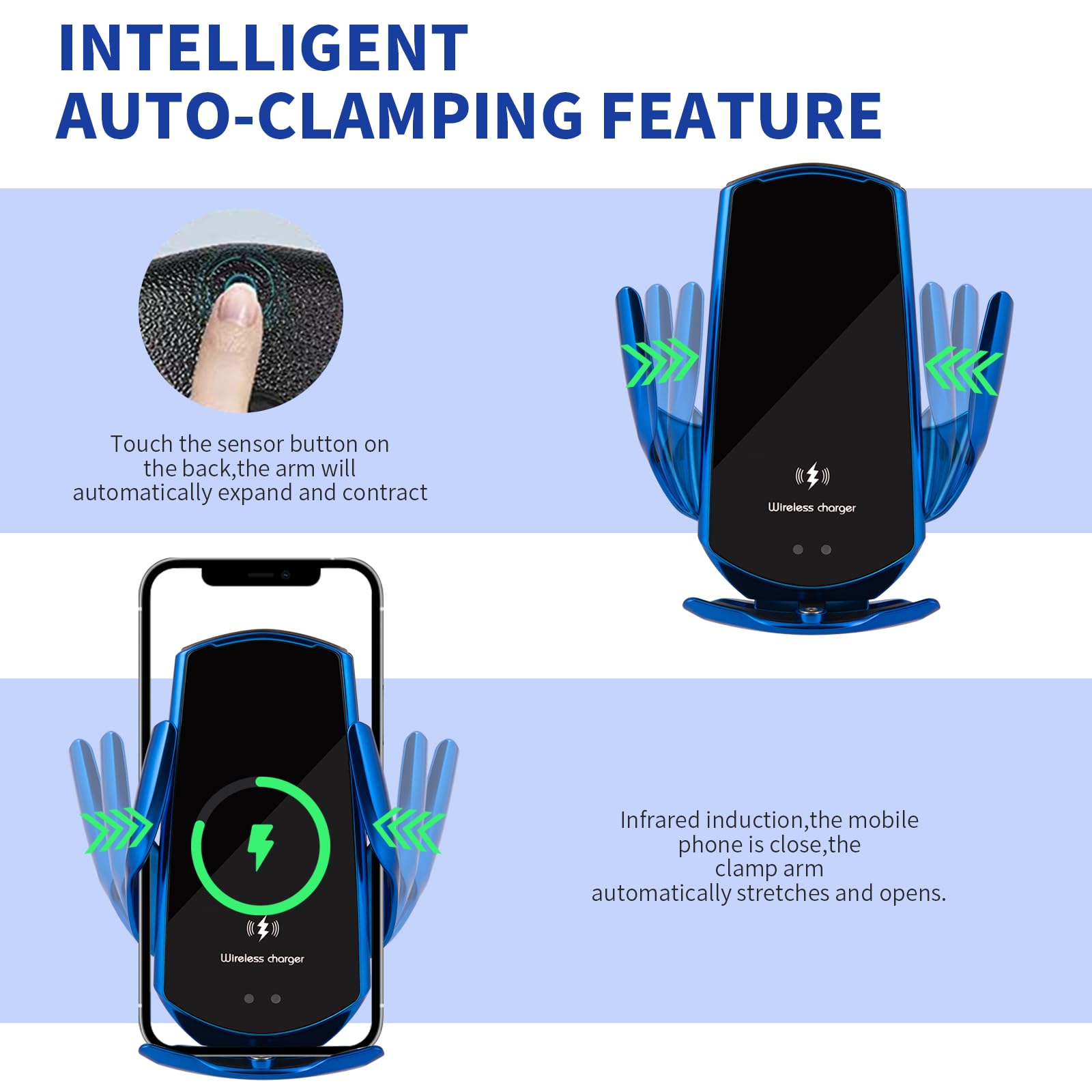 Lfnown Wireless Car Charger Mount - 15W Fast Charging Auto-Clamping Phone Holder For All Android Smartphones (Silver)