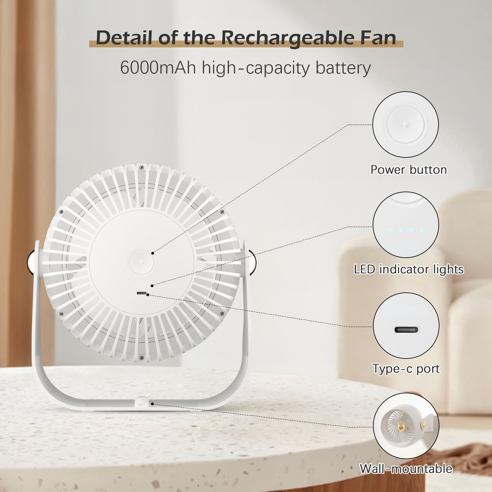 Civpower Desk Fan: Table Fan Small Portable Rechargeable With 6000 Mah Battery - 4 Speed And Timing