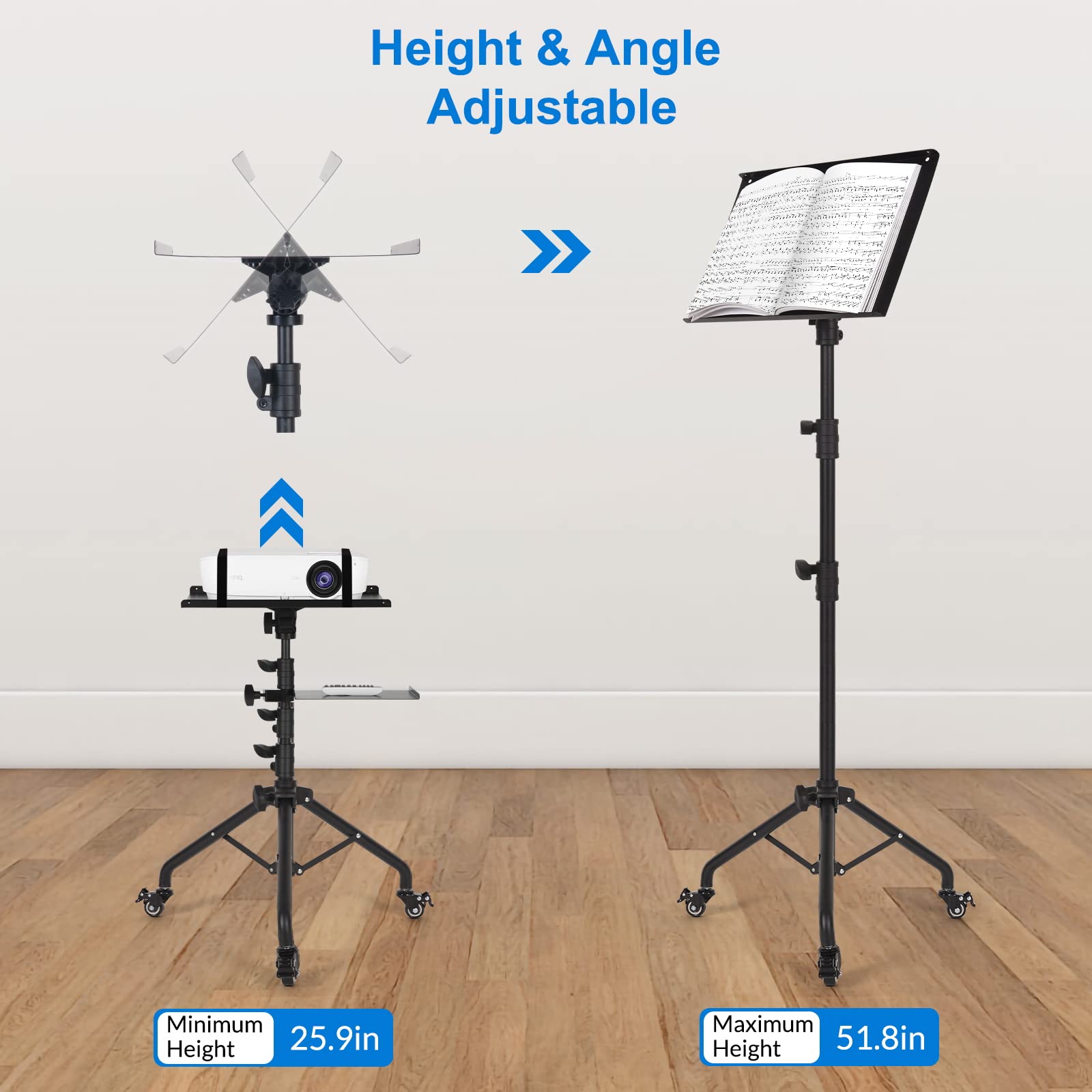 Tossbiss Laptop Tripod On Wheels With 2 Shelves, Portable Projector Floor Stand Adjustable Height 25.9 To 51.8 Inch With Phone Holder