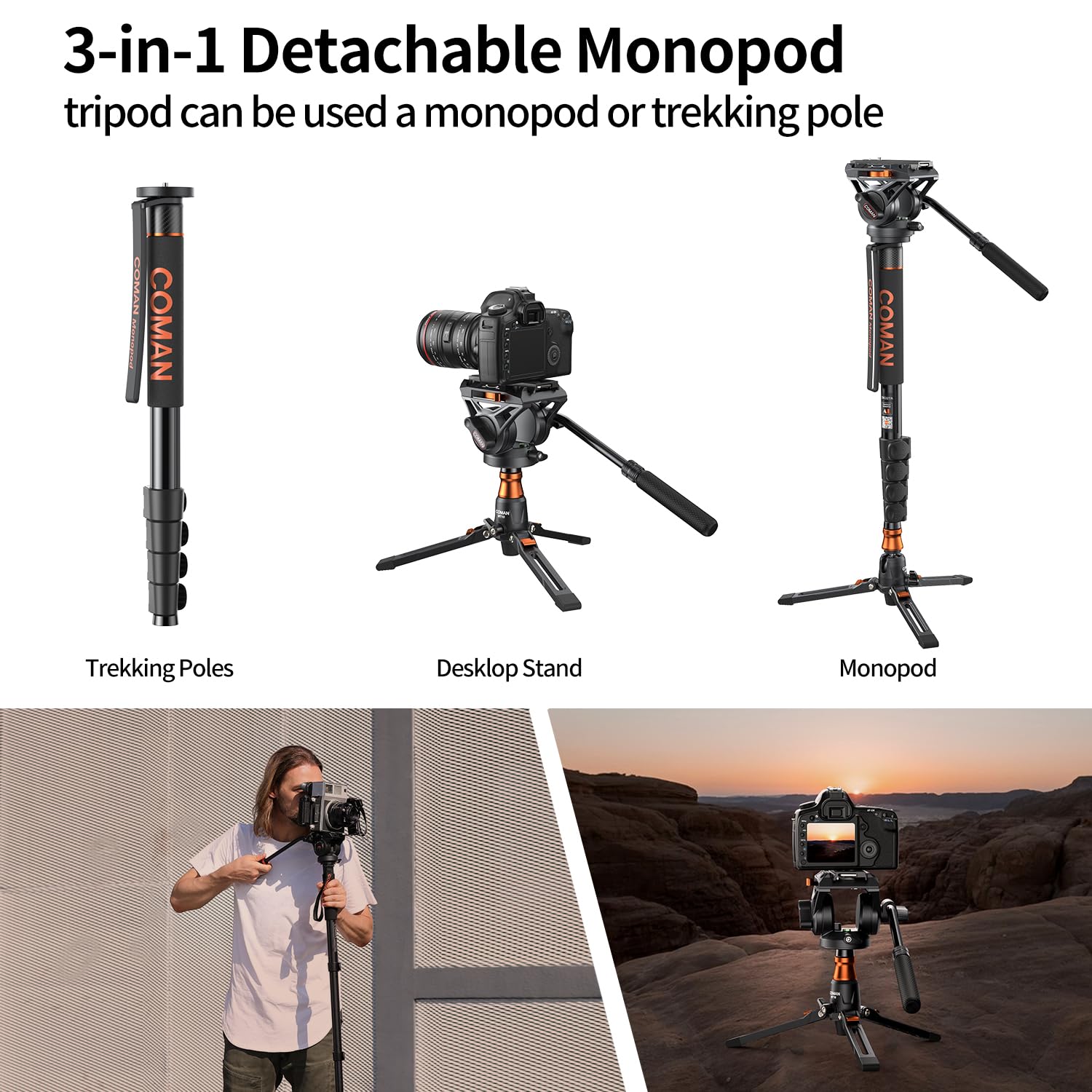 Famall Monopod With Feet, Coman Professional Video Camera Monopod Q6 With Tripod Stand 70.6 Inch Max Load 22 Lbs For Cameras, Canon, Nikon, Sony, Dslr, Video Camcorder