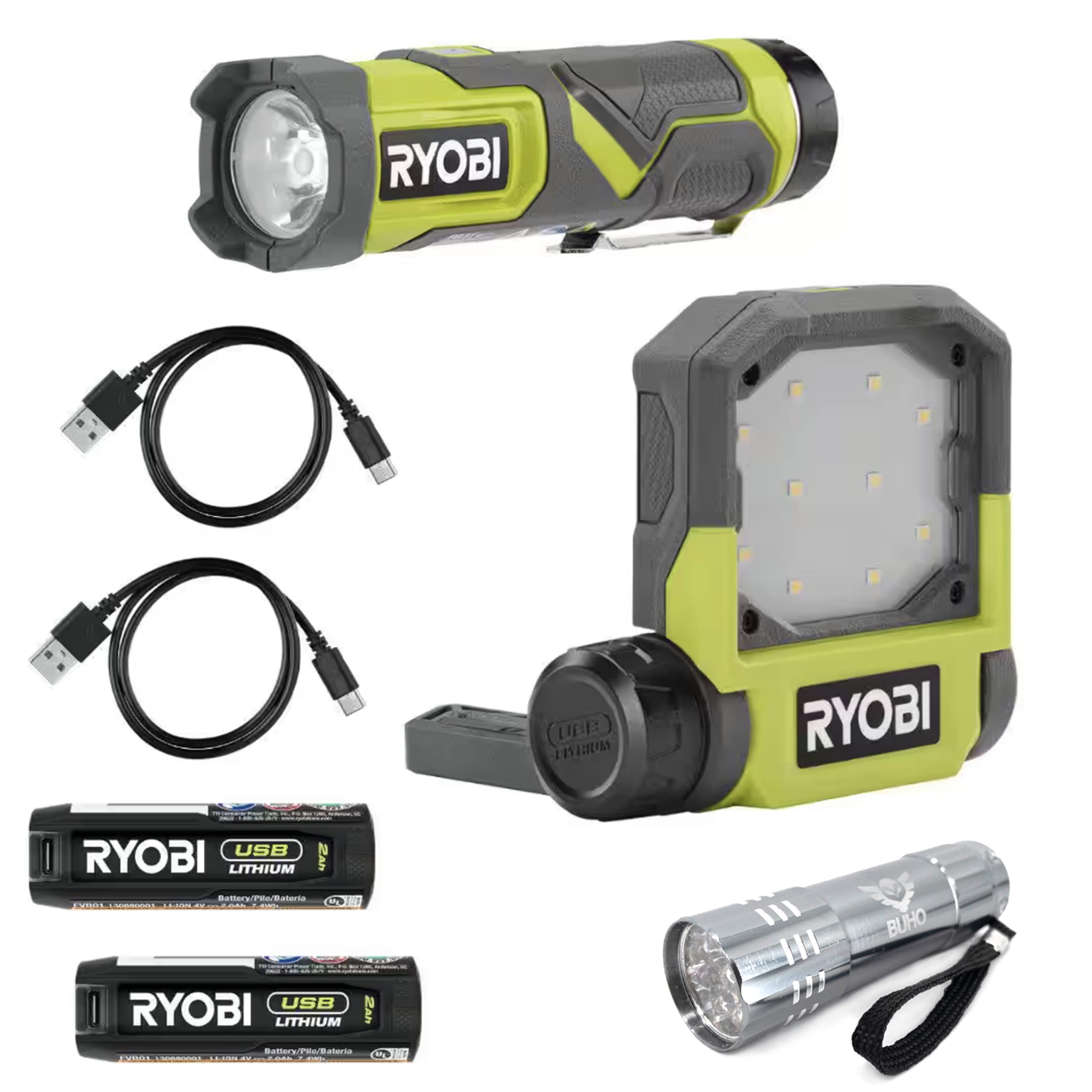 Buho Usb Flashlight Accessory Bundle – Includes Compact Cordless Flashlight, Small And Pivoting Flip Light, 2 Compatible Ryobi Lithium 2.0Ah 4V Batteries And Charging Cable (6 Items)
