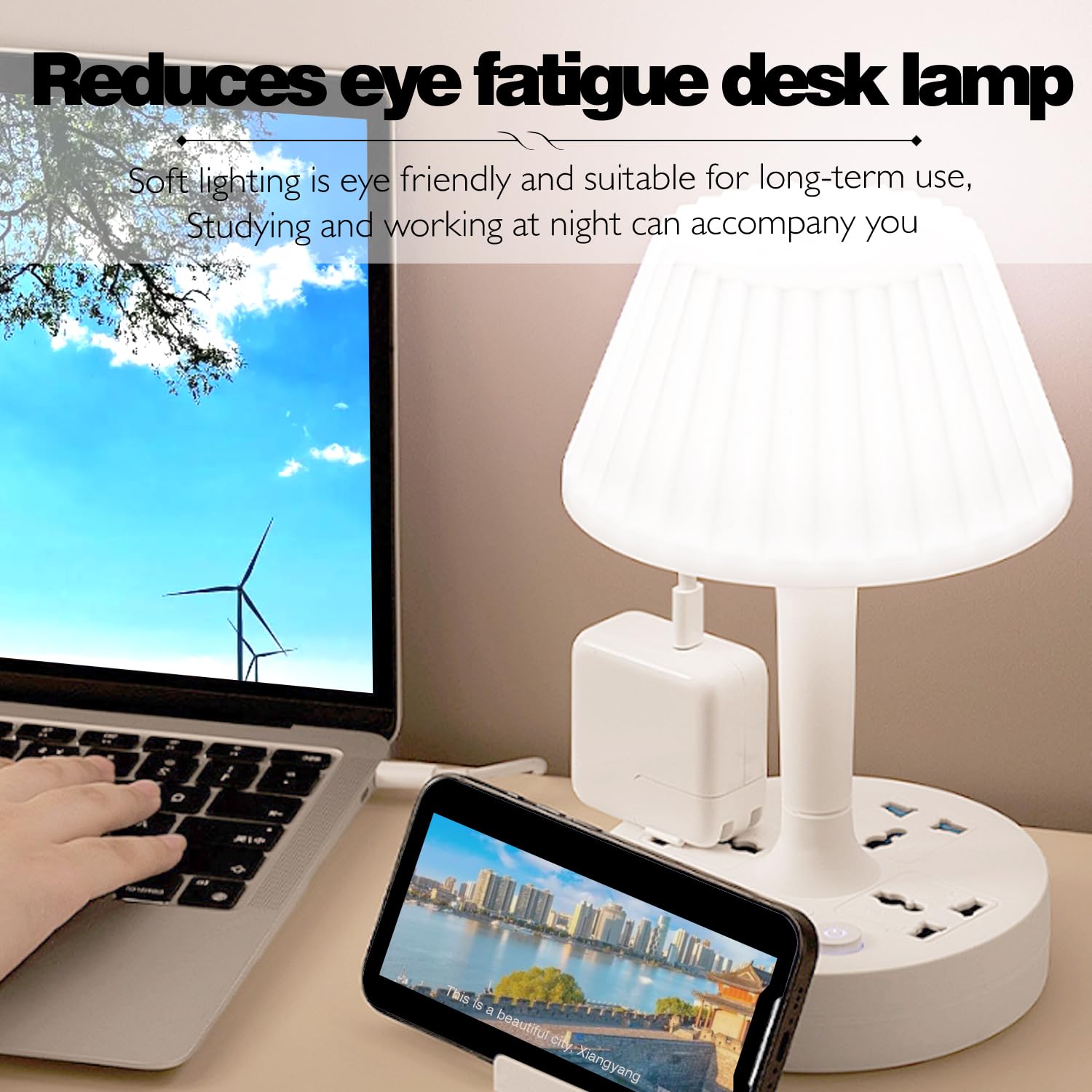 Exqseramc Socket Table Lamp Power Strip， Ac Outlets+Usb Charging Ports, Multiple Function Dimmable Small Reading Desk Lamp, Eye Care Led Nightstand Light For Home Office (Socket Table Lamp - White)
