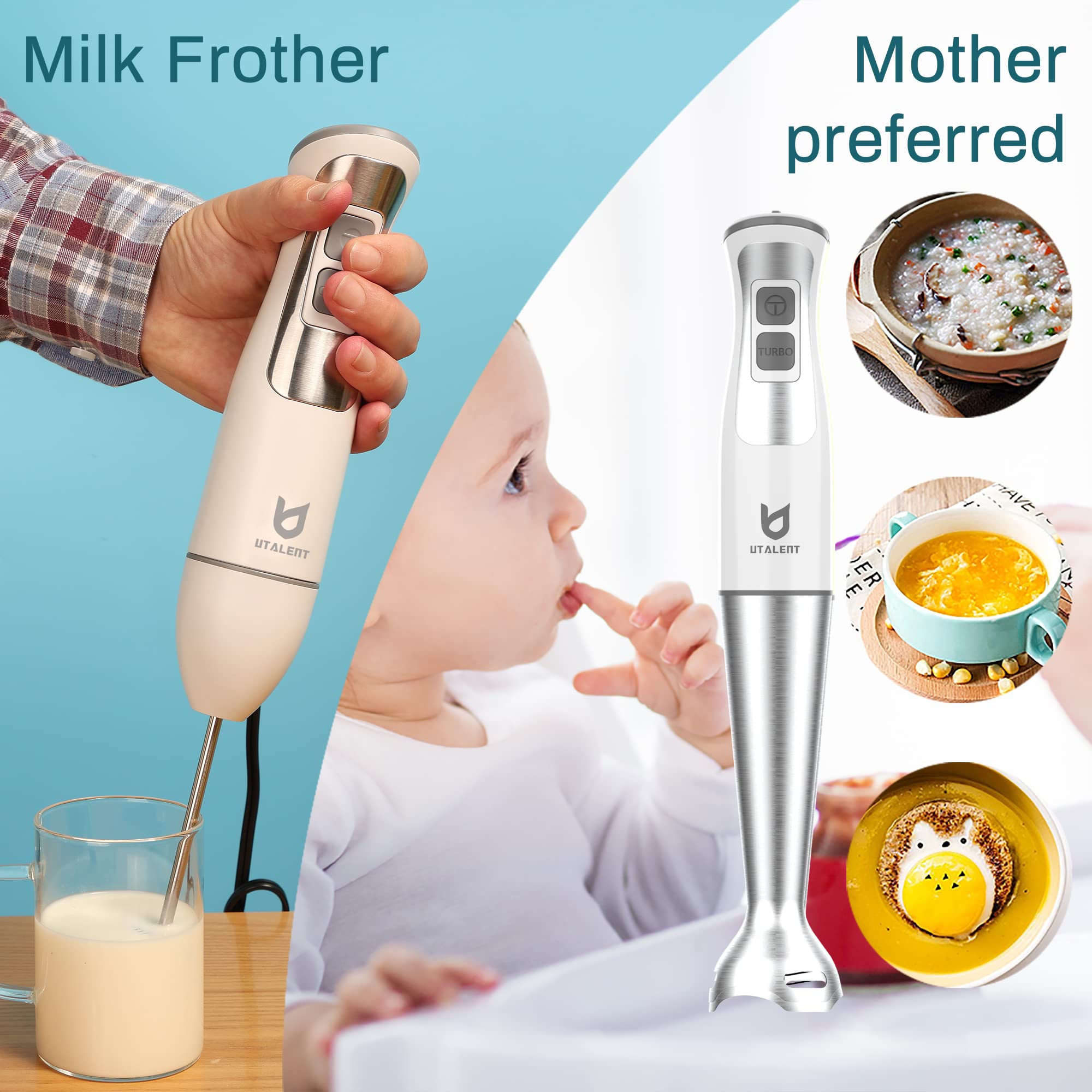 Utalent Immersion Hand Blender, 5-In-1 8-Speed Immersion Blender With 500Ml Food Grinder, 600Ml Container,Milk Frother,Egg Whisk,Puree Infant Food, Smoothies, Sauces And Soups White