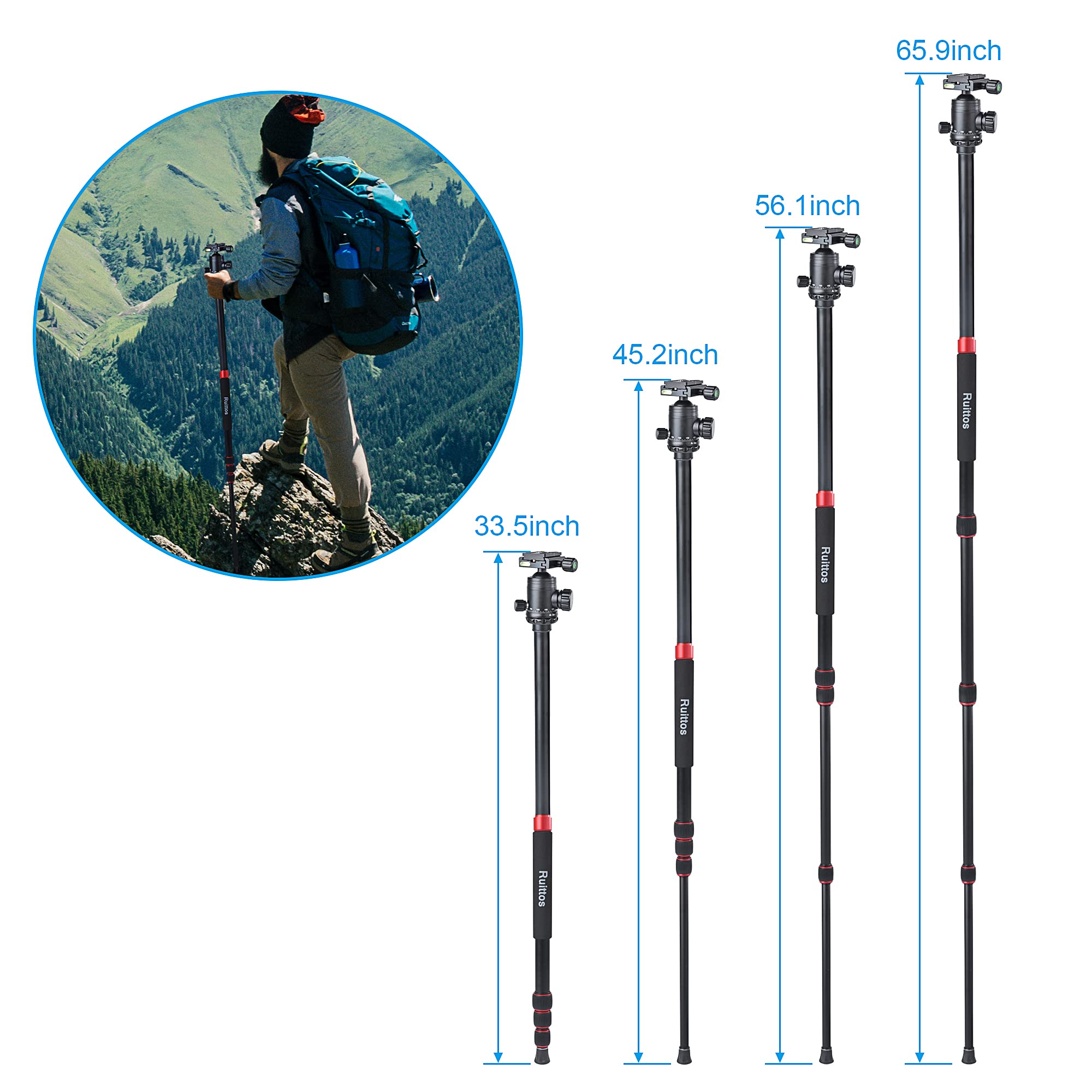 Ruittos Tripod For Camera, 64" Camera Tripod Stand, Dslr Tripods & Monopods, Heavy Duty Travel Tripod For Binoculars Laser Level Spotting Scope Telescope, Professional Complete Tripod Units