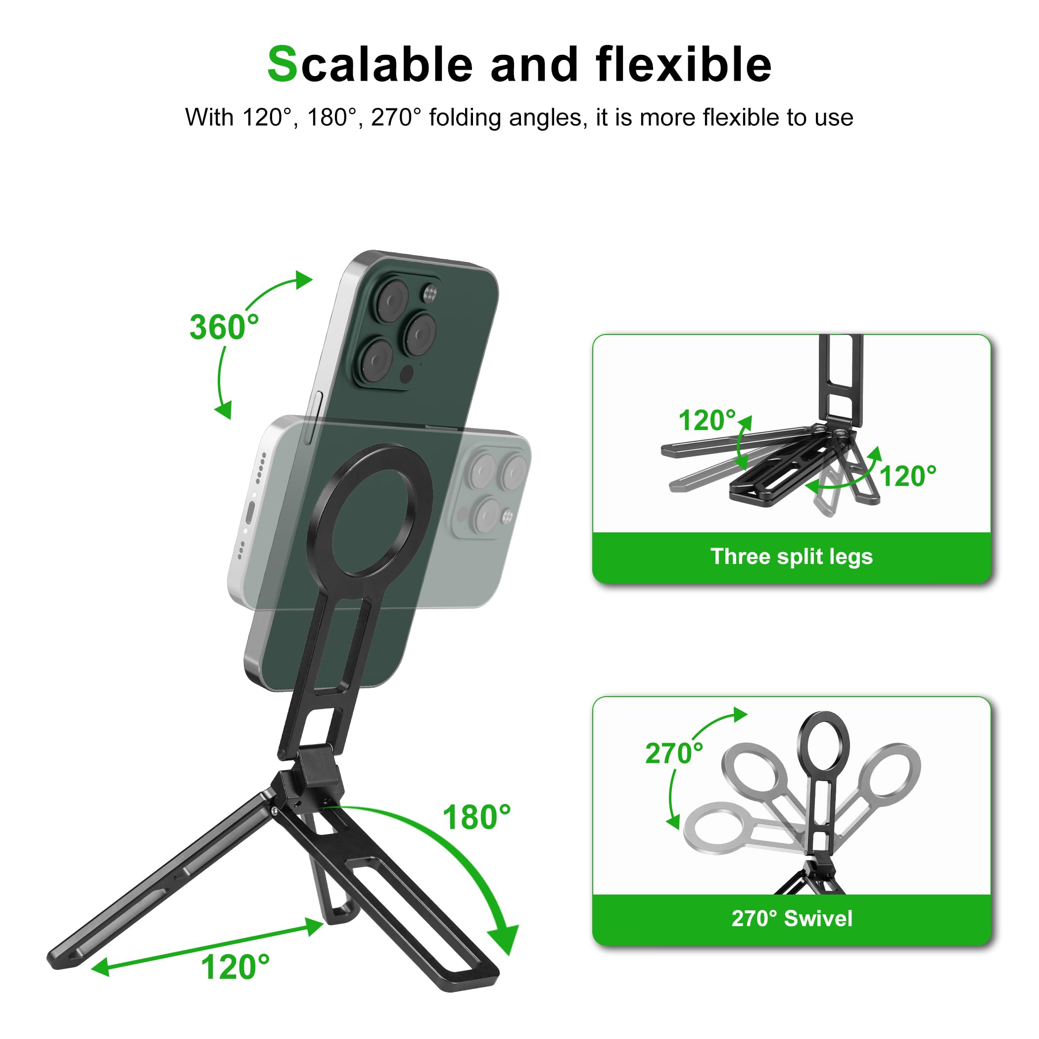 Fanaue Magnetic Pocket Phone Tripod Foldable Compatible With Magsafe Iphone Plus Pro Max Series, Magnetic Phone Holder For 4.5-7.5" Phones, Selfie Stick Handle Smartphone Desk Stand Travel All In One.
