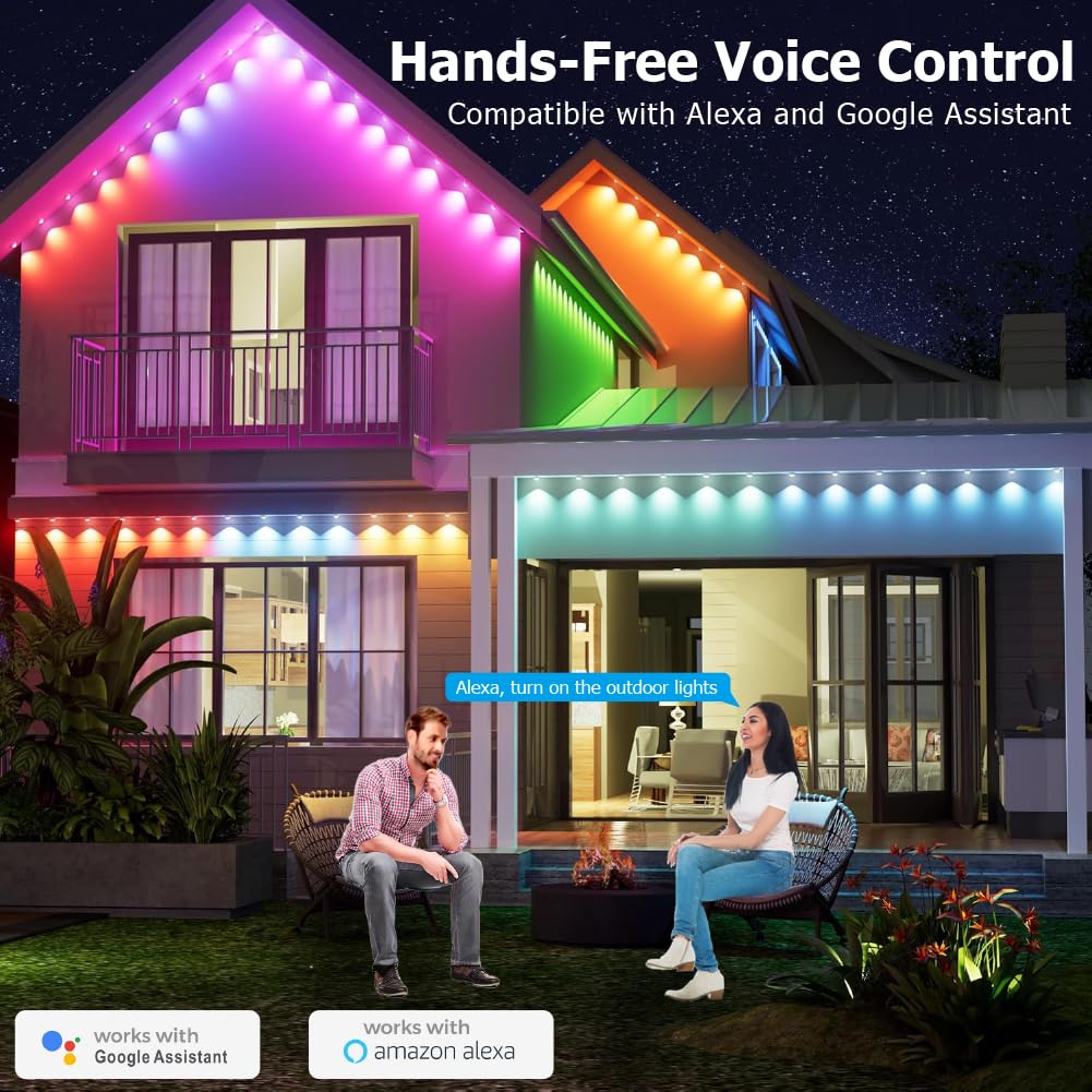 Ecomylife Solar Permanent Outdoor Lights For House, 50Ft Smart Rgb Plus Ic String Light For Outside With 66 Modes, Work With Alexa, Ip67 Waterproof Led Strip Lights For All Holiday Decor (Solar-Powered 50Ft)