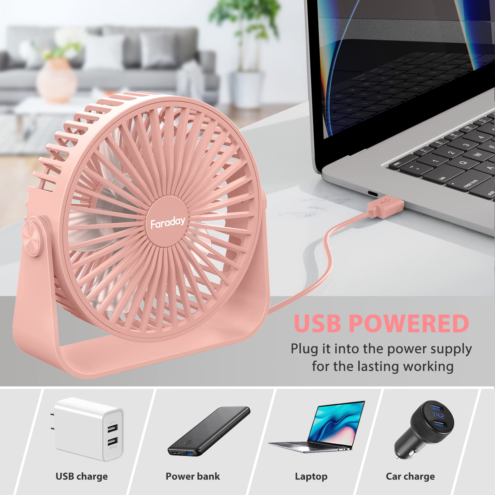 Faraday Usb Desk Fans 5 Inches Portable Table Fans 360° Head Rotation Small Personal Desktop Fan