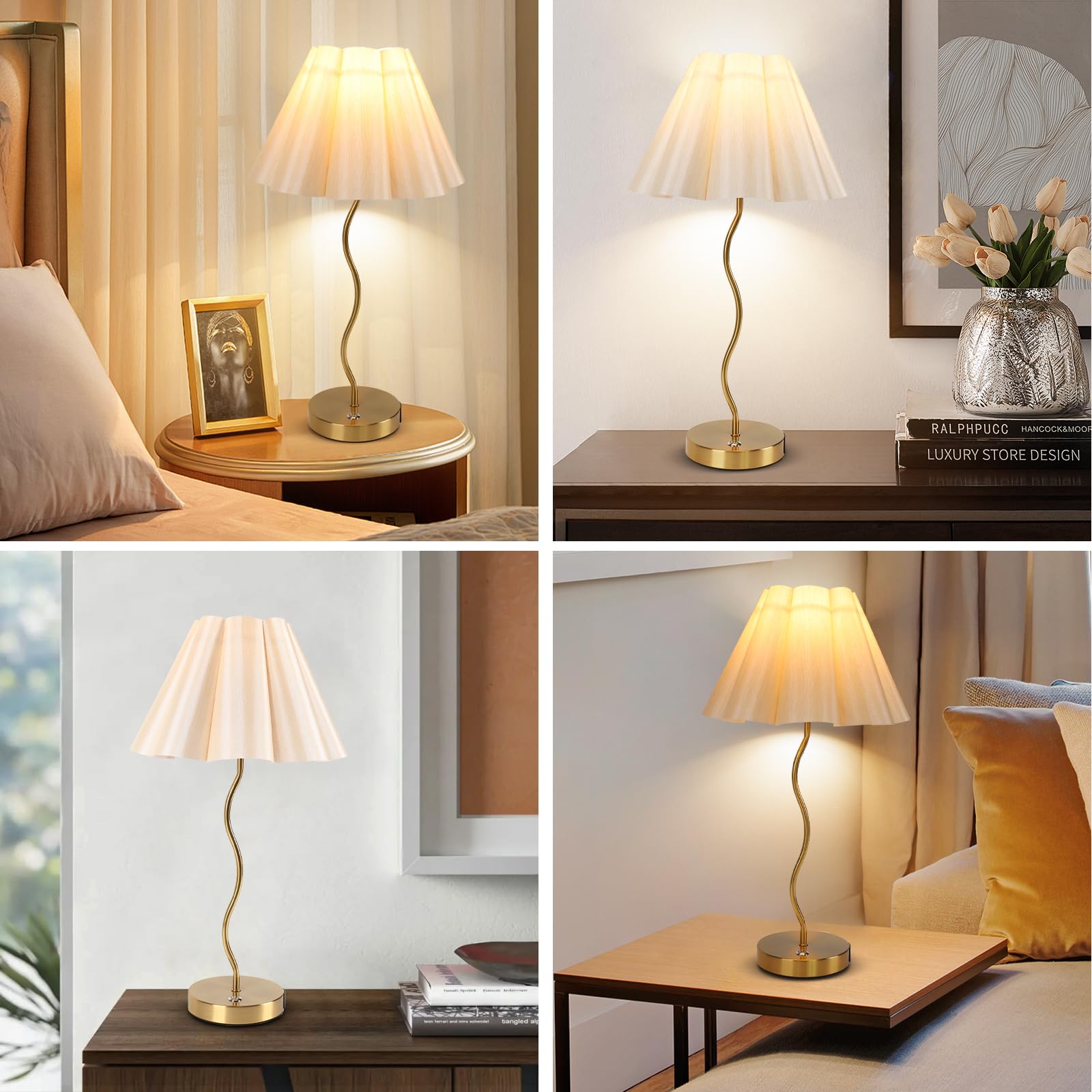 Eidearay Table Lamp For Bedroom, Modern Table Lamp With Touch Dimmable And Pleated Beige Lampshade, Gold Bedside Tables Lamp With Usb C+A Charging Ports For Bedroom Living Room Home Office