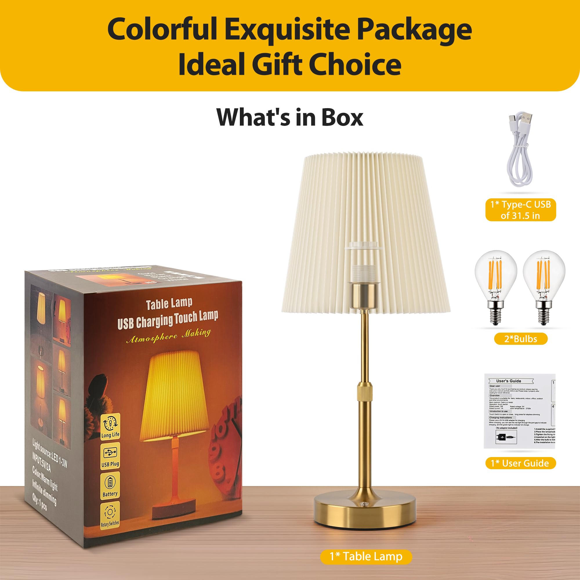 Hiseego Cordless Table Lamp, 2 Bulbs Included & Fabric Shade Adjustable Decorative Lamp, 5200Mah Rechargeable Battery Operated Dimmable Touch Lamp For Kitchen, Living Room, Bedroom, Bar(Gold)
