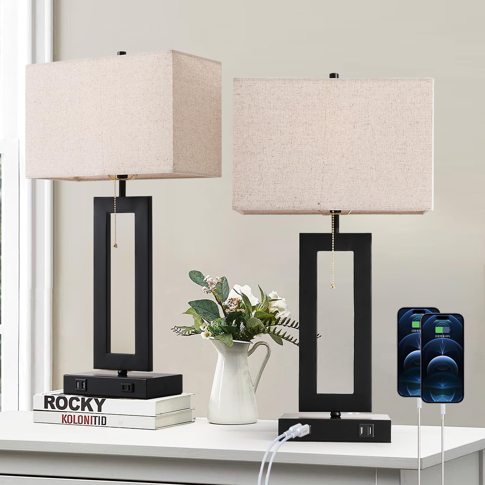 Ibbibabo Set Of 2 Table Lamps With 2 Usb Ports&Ac Outlet, 22.5” Black Industrial Bedroom Bedside Lamps, Modern Nightstand Lamps For End Table Living Room Office Home, Cream Fabric Lampshade&Pull Chain