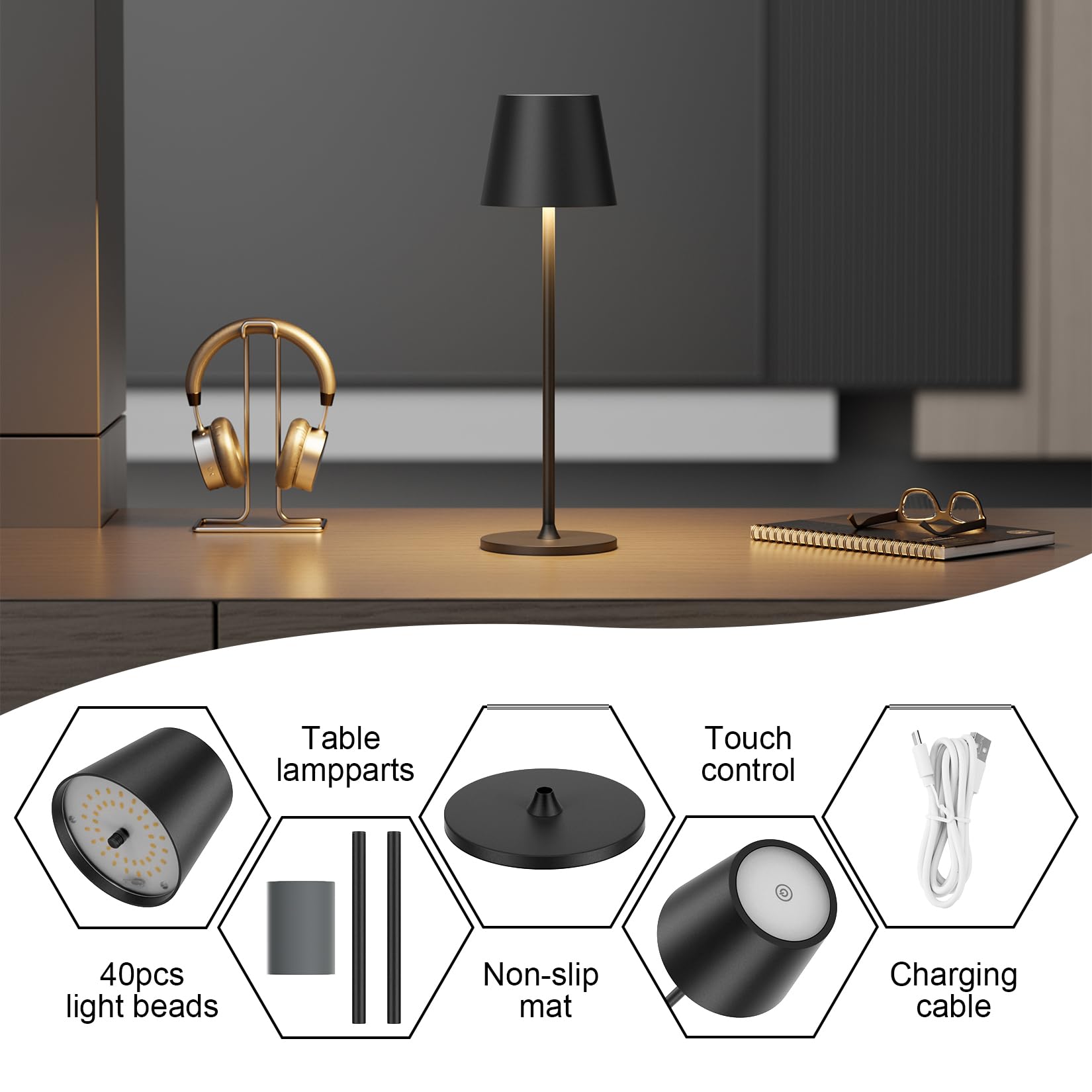 Coinmit Black Cordless Led Table Lamp, 2 In 1 Modern Led Bottle Light Portable Detachable Table Lamp, 5500Mah Rechargeable Battery Assembled Bottle Lamp