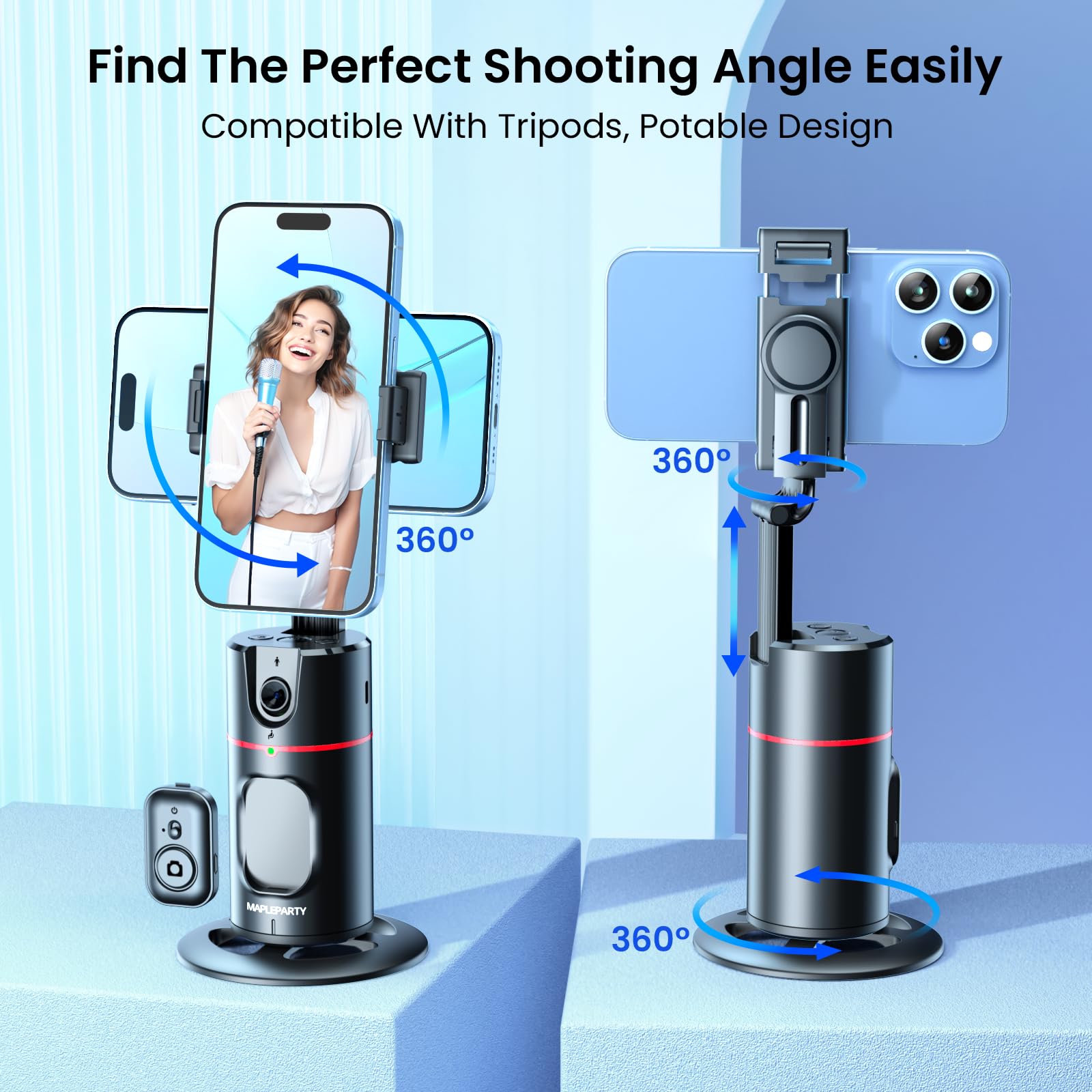 Mapleparty Auto Face Tracking Phone Holder, 360°Rotation Motion Sensor Track Moving Tripod For Iphone With Remote, No App,Gesture Control, Smart Face Body Phone Mount For Live Vlog Streaming Video,Black