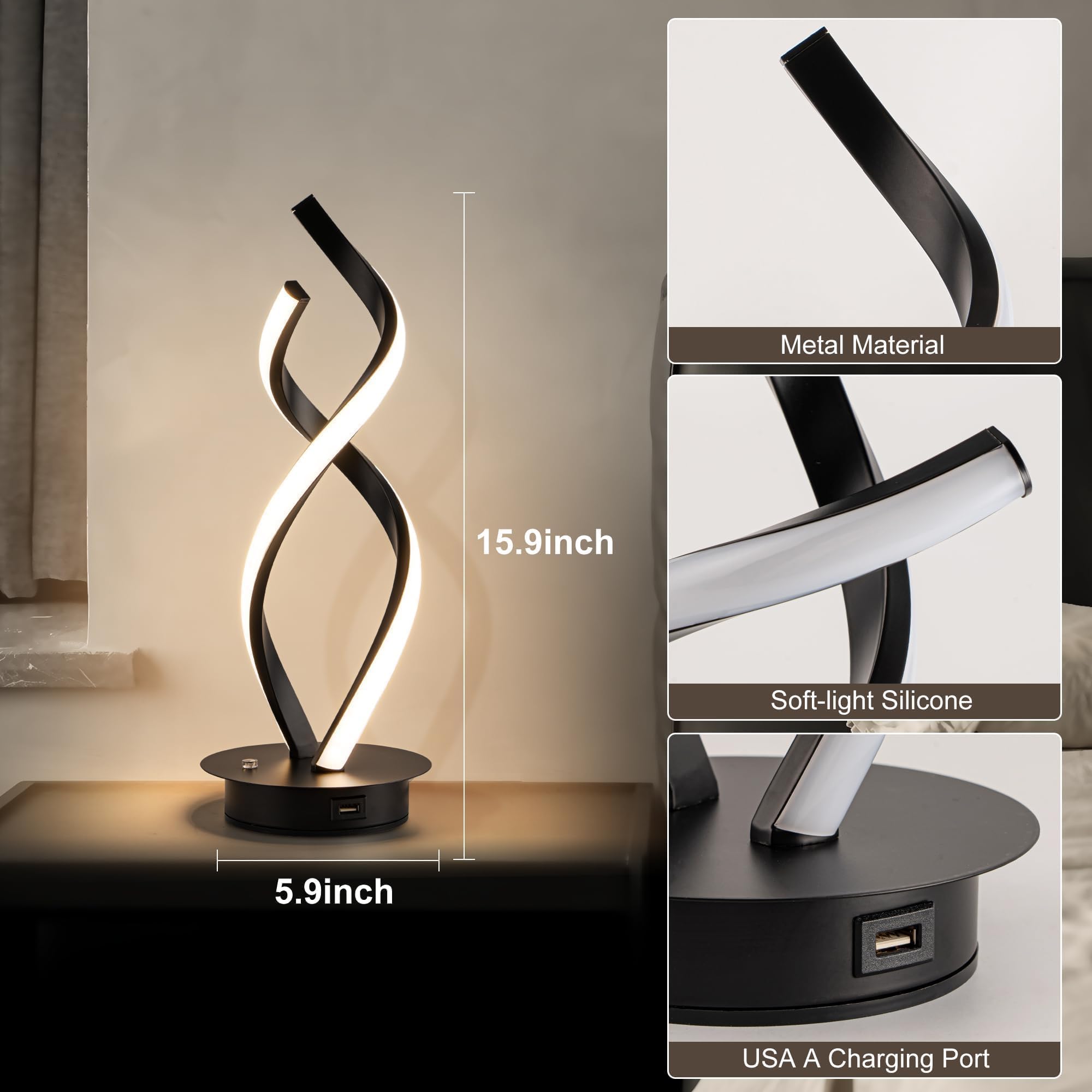 Adebime Modern Spiral Touch Lamp - Warm White Led Nightstand Light, Adjustable Brightness For Home And Office, Black