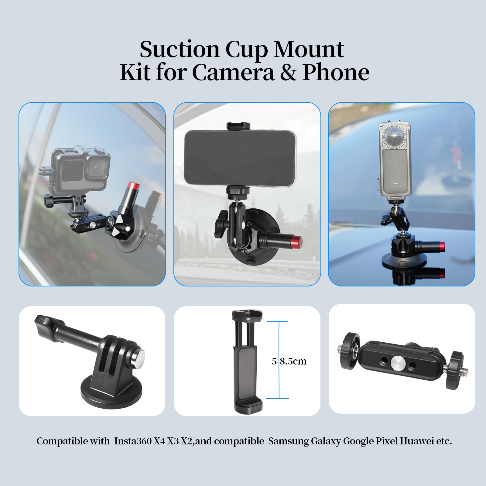 Fifield 3"/7.6Cm Camera Suction Cup Phone Mount With Ball Head Magic Arm, Quick Release Car Mount For Action Camera Phone Dji Insta360, Air Pump Vacuum Suction Cup, 1/4" &3/8" Arri Holes
