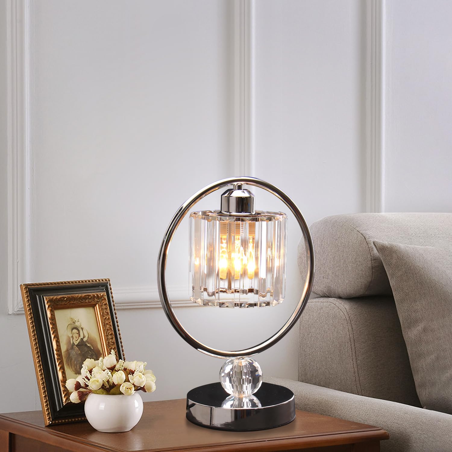 Finktonglan Crystal Lamps Table Lamp For Night Stand Modern Table Lamp Metal Bedside Small Bedroom Lamps For Bedroom Nightstand Living Room Home Office(E26 Chrome)