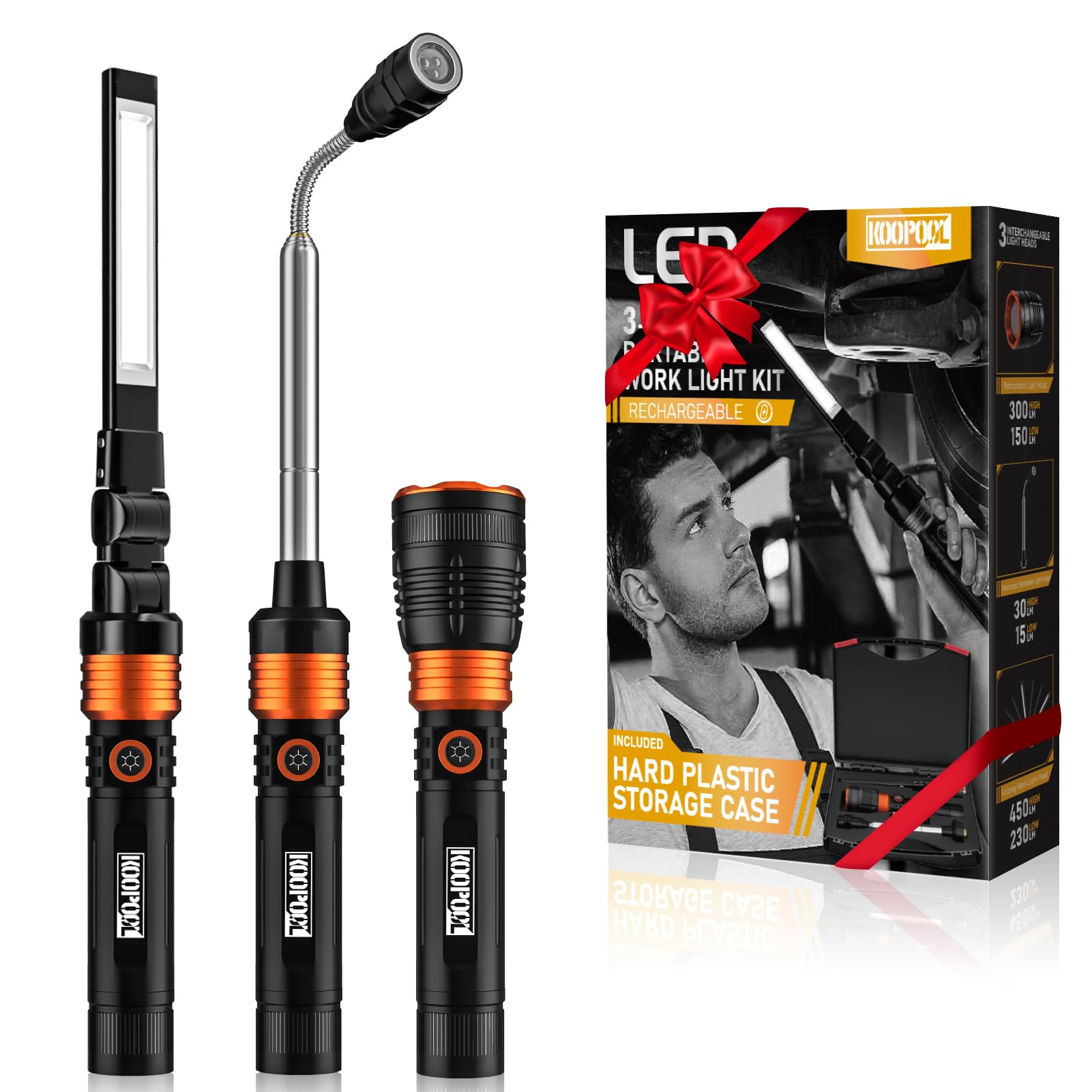 Koopool Tool  For Men, 650,000 Lumens Rechargeable Flashlight, 3-In-1 Led Work Light With Magnetic Base & Pick-Up Tool, 5000Mah Battery, Hands- For Garage, Camping, Hiking, Emergency