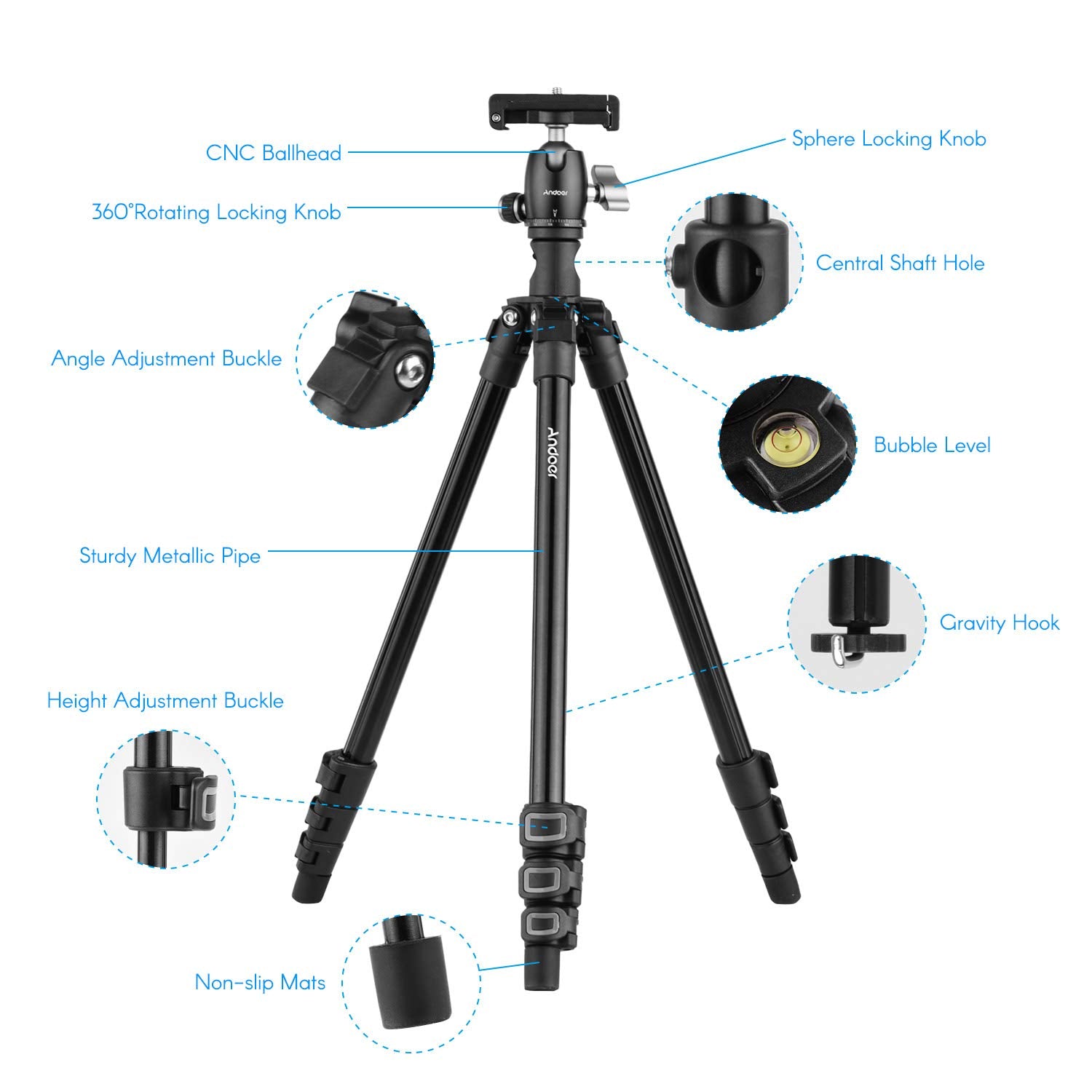 Andoer Camera Tripod Horizontal Mount Professional Travel Tripod With 360 Degree Panorama Ball Head Phone Holder Remote Control For Dslr Cameras Smartphones Compatible With Canon Nikon Sony