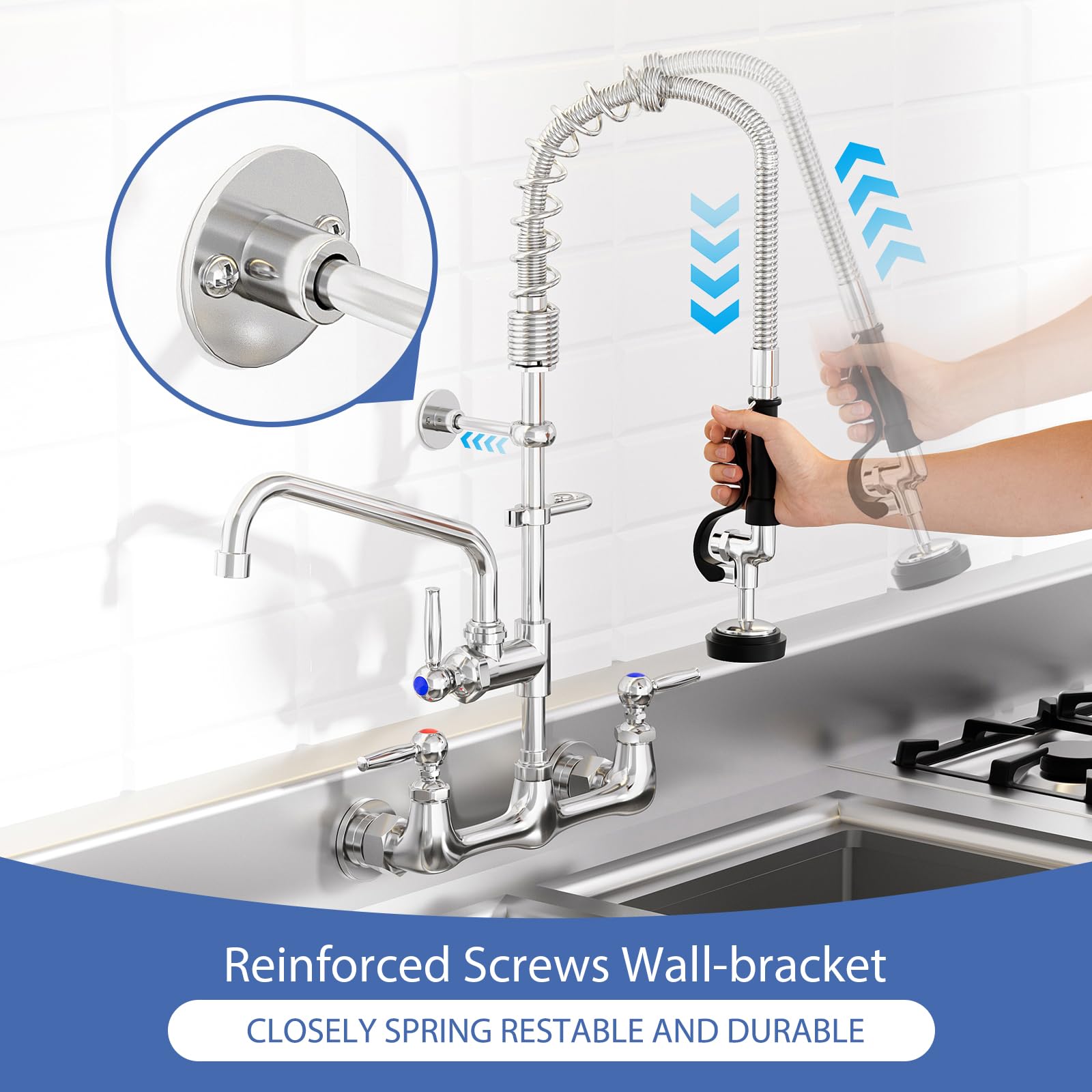 Nymeliu Commercial Faucet With Sprayer, 25'' Height Wall Mount Faucet, 8 Adjustable Center, 12'' Swing Spout, Pre Rinse Sprayer For Commercial Kitchen Compartment Sink, Chrome, Industrial