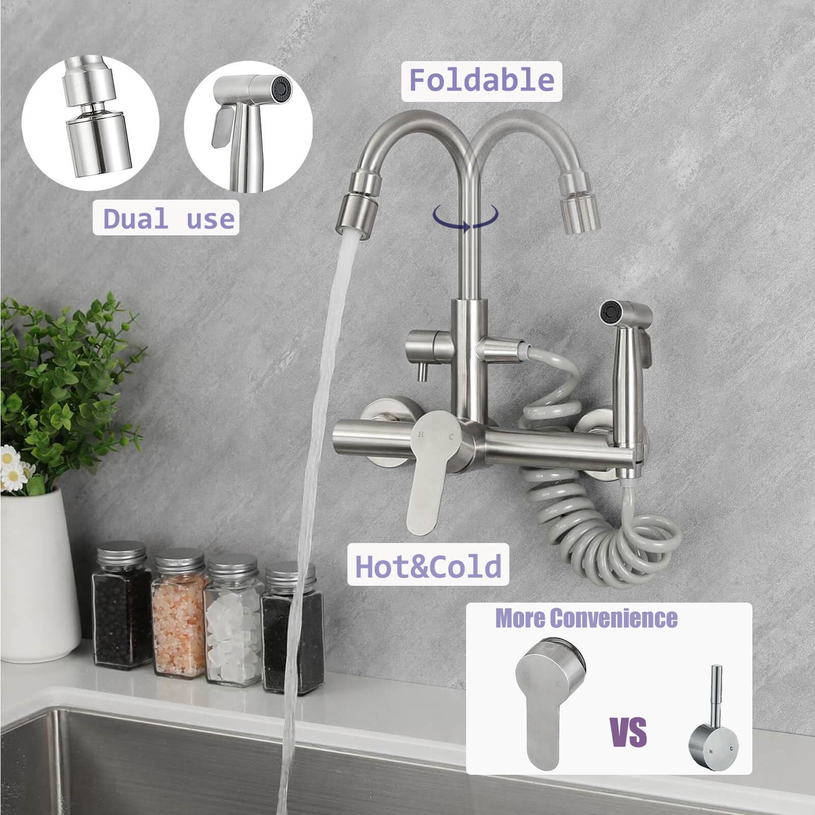 Chomley Stainless Steel Wall Mount Faucet With Sprayer 8 Inch Kitchen Faucet 360° Rotation Foldable Sink Water Taps With Spray And 2 Water Jet, Brushed Nickel