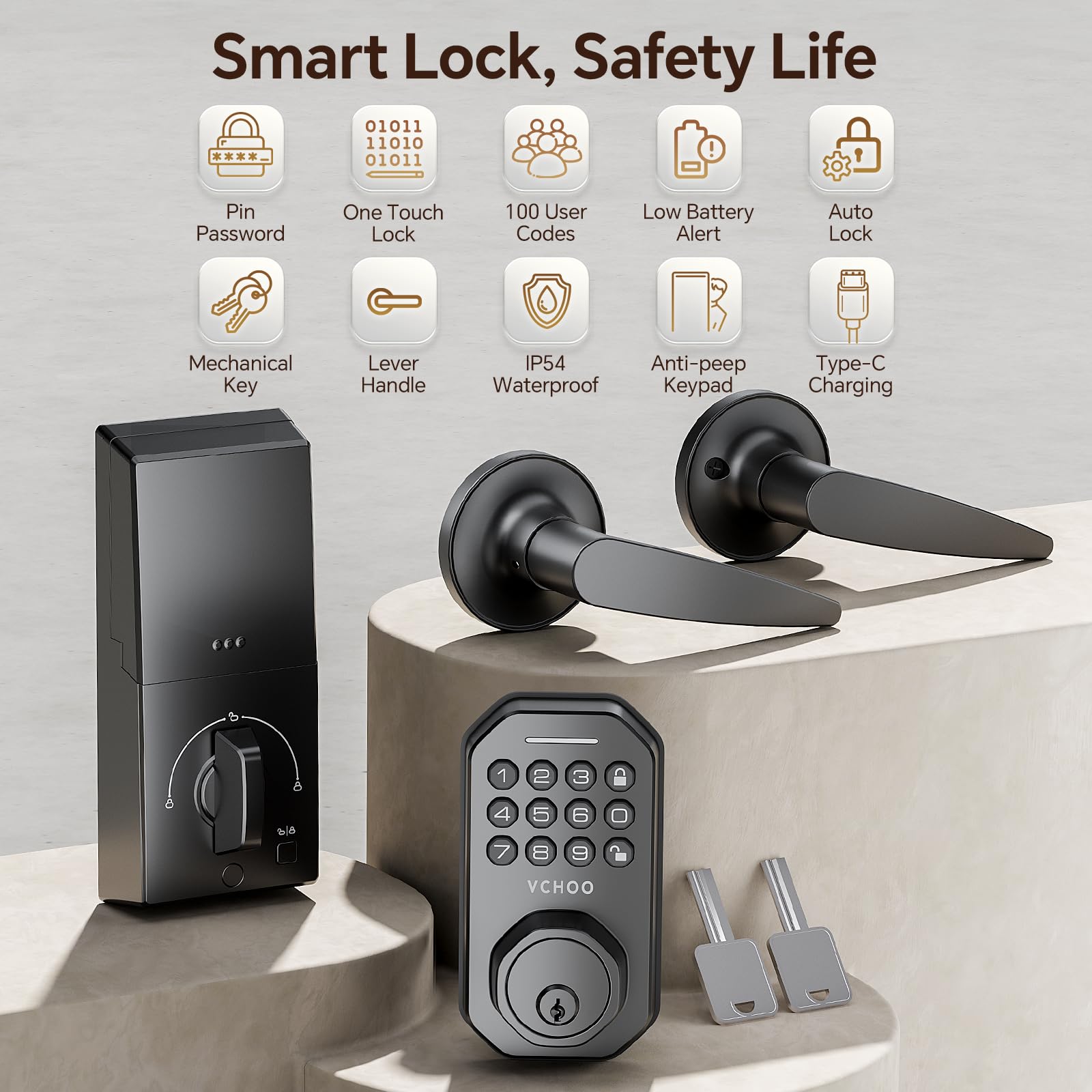 Vchoo Keyless Entry Door Lock Deadbolt With Handle Set Smart Locks For Front Door With Lever Handles Auto Locking, Anti-Peeping Password & Easy Installation For Homes Hotel Bedroom Doors Ip54