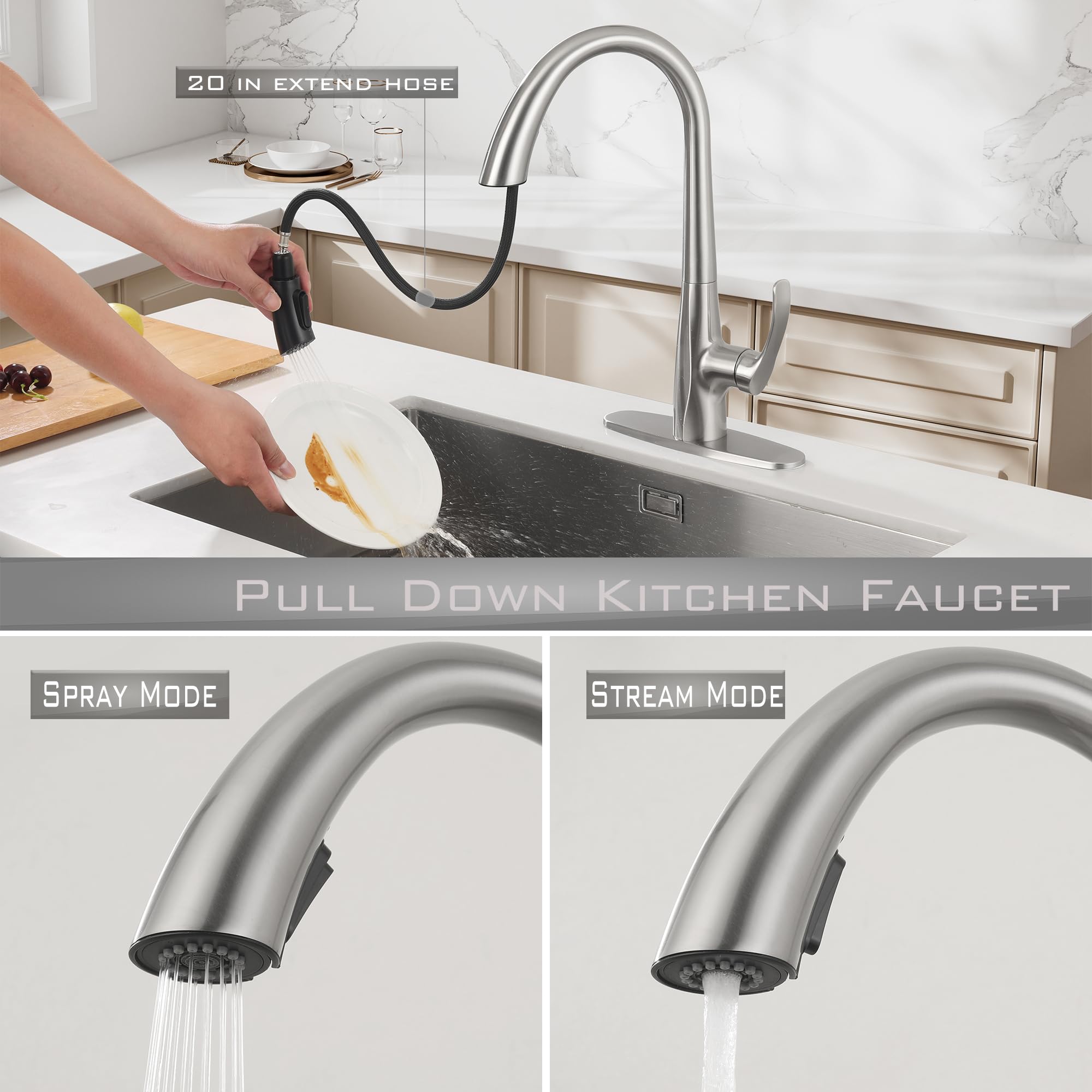 Jxmmp Touchless Pull Down Kitchen Sink Faucet, Brushed Nickel Activated Smart Motion Sensor Kitchen Faucet Single Handle, Stainless Steel Hands  Faucet With Sprayer For Kitchen Sink