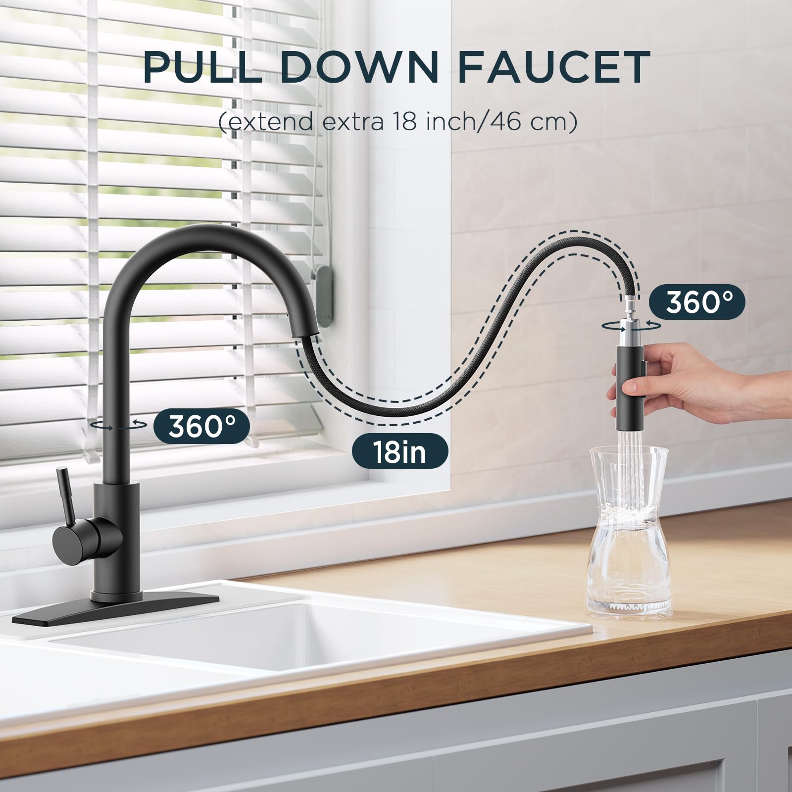 Forious Black Kitchen Faucet With Pull Down Sprayer, High Arc Modern Classic Sink Faucet Stainless Steel With Deck Plate Fit For 1 Or 3 Hole For Bar Farmhouse Laundry Rv