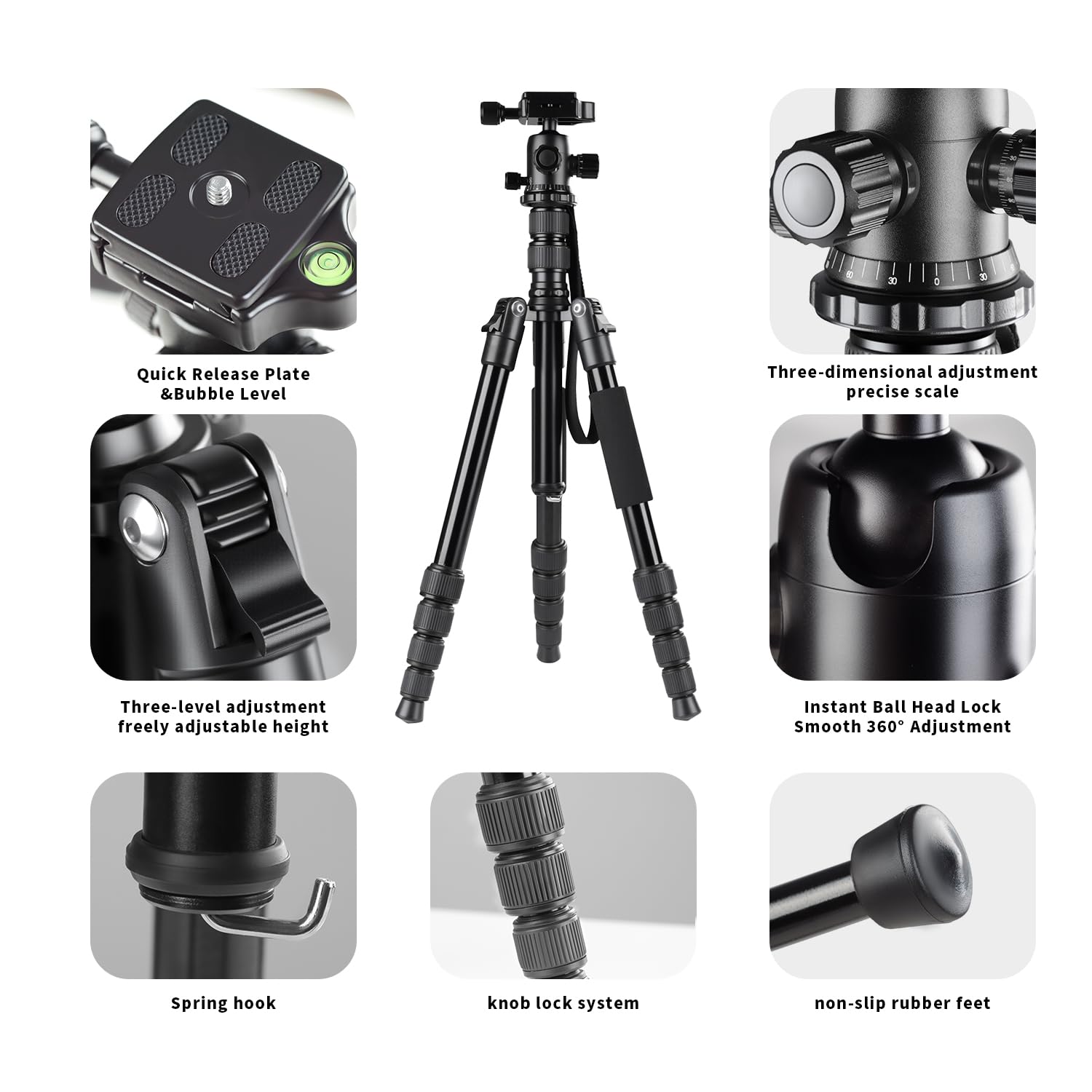 Minicor Tripod For Camera, 63" Aluminum Tripod For Dslr Camera With Ball Head And Quick Release Plate And Bag, Detachable Monopod For Camcorder, Load Up To 8Kg/17.63Lbs,Black