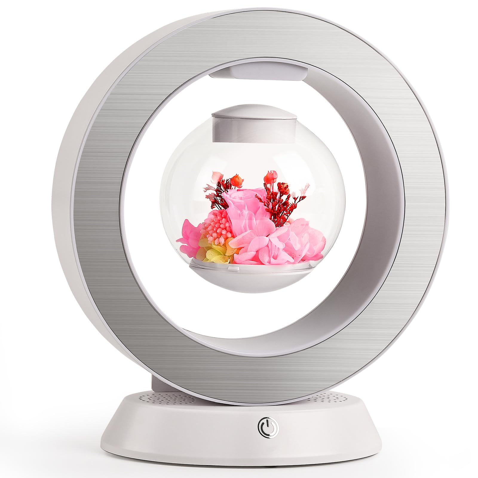 Lovelin Magnetic Levitation Circle Table Lamp With Bluetooth Speaker,5W Led Night Light,Three Variable Color,Automatic Rotating Preserved Flowers Creative Home Office Ornament Rotundity Layout