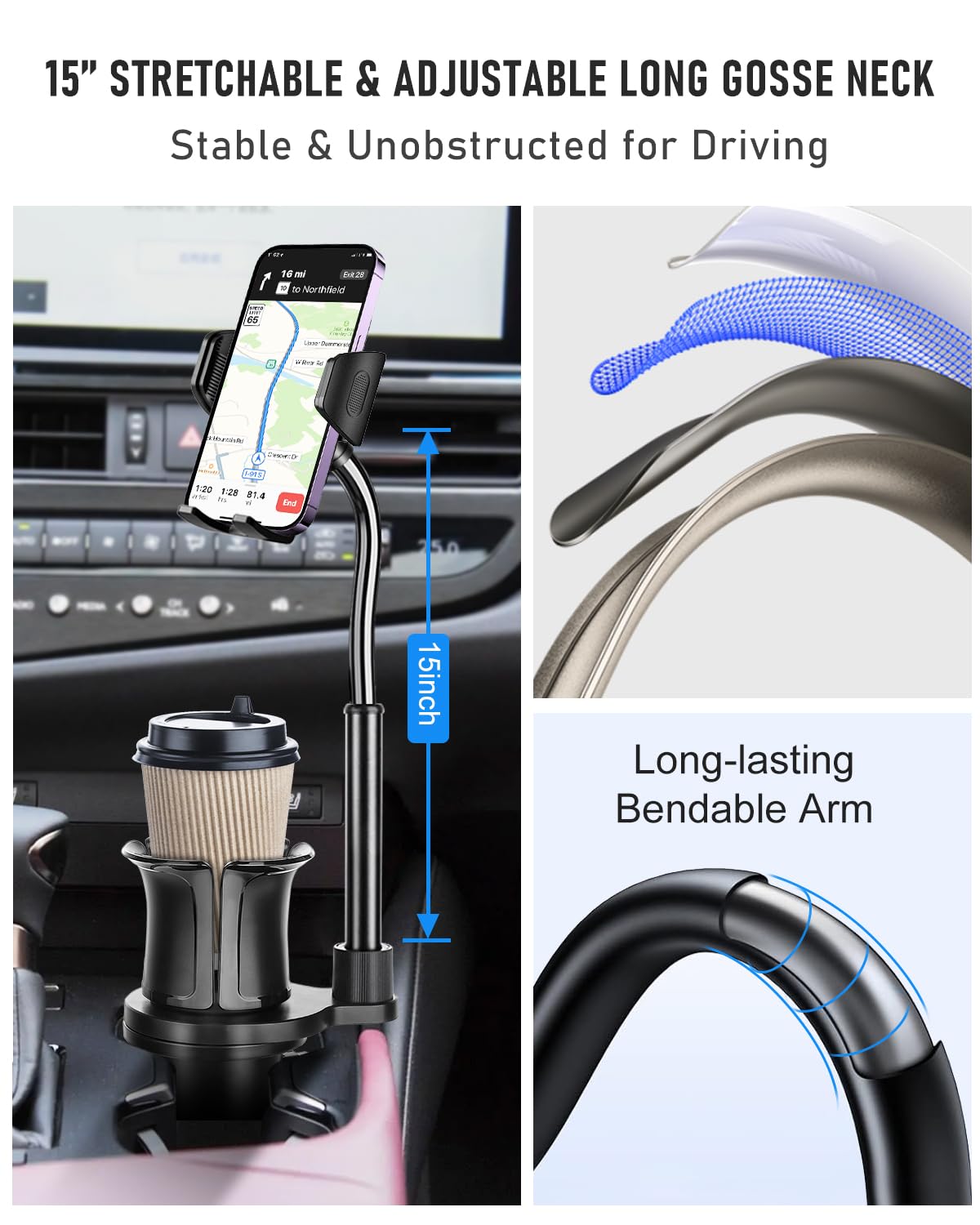 Uncaddn Cup Phone Mount For Car, 2 In 1 Universal Cup Phone Holder For Car, Stretchable Long Neck Car Phone Mount, Hands  360° Rotation Compatible With All Smartphones