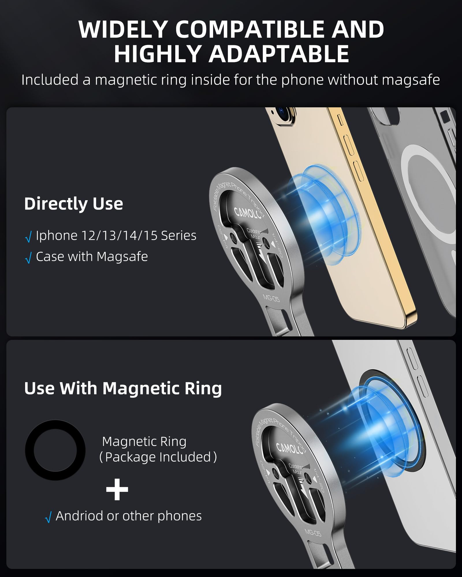 Camolo Magsafe Tripod, Foldable Phone Holder, Desk Stand, Arca-Swiss & Cold Shoe Mount For Iphone 16/15/14/13/12, Video & Travel