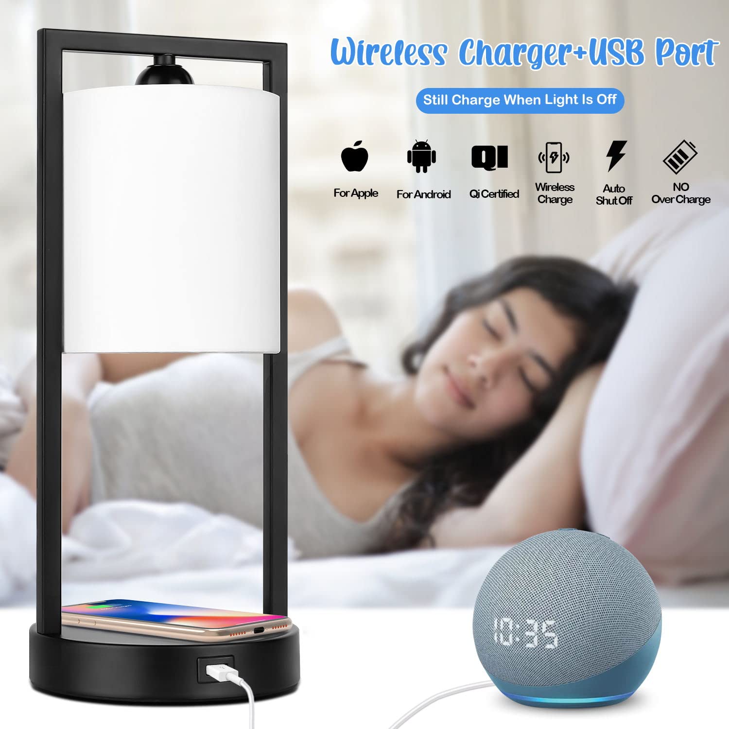 Tobusa Table Lamps For Bedrooms Set Of 2, Modern White Bedside Nightstand Lamps Touch Control 3-Way Dimmable For Living Room, Wireless Charging Desk Lamps With Usb Port, 5000K E26 Led Bulbs Included
