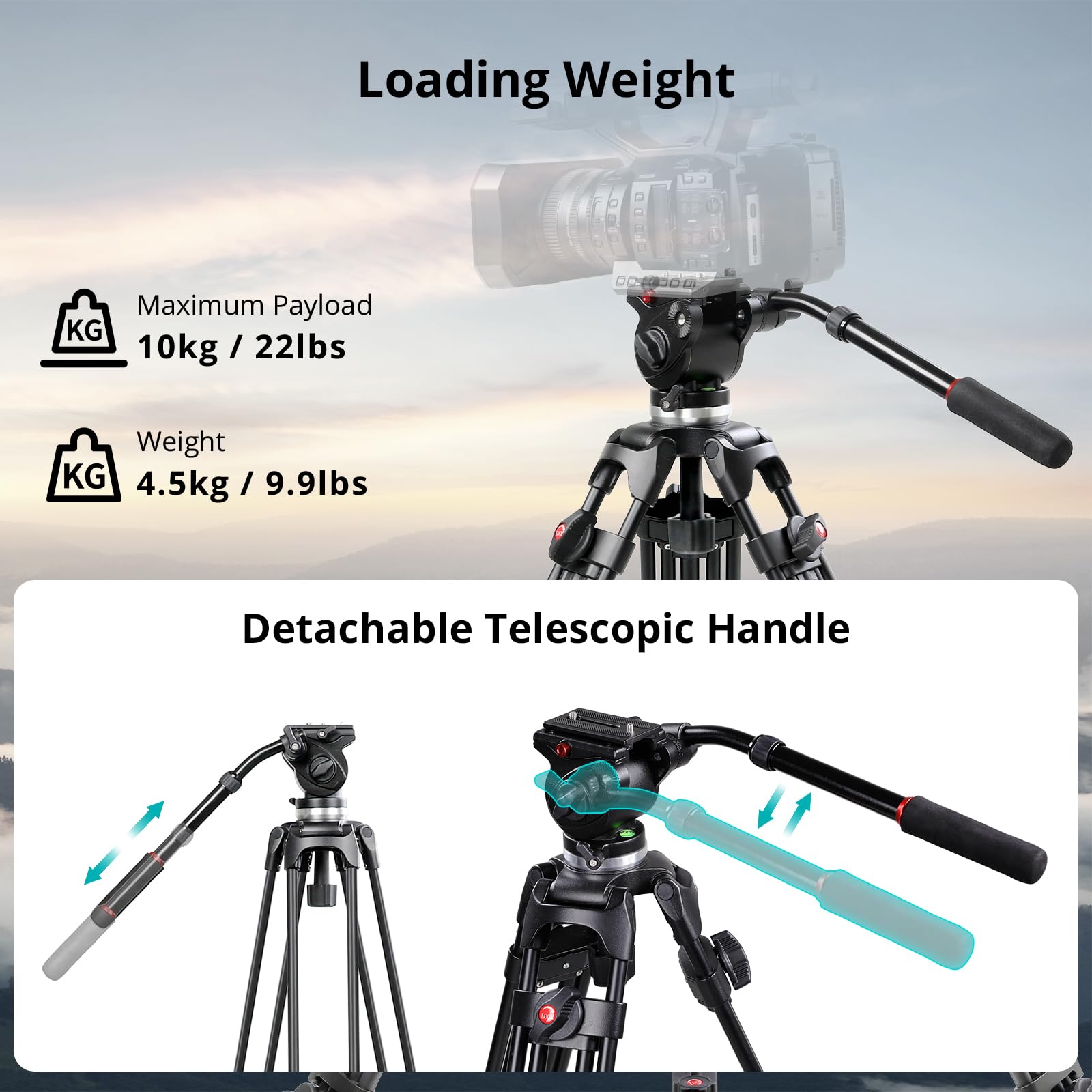 Gvm Great Video Maker Gvm 67" Video Tripod With Adjustable Damping Fluid Head, Metal Heavy Duty Dual-Mode Qr Plate Compatible Flexible 360° Pan+90°/-75° Tilt, Max Load 22Lb/10Kg, For Dslr, Camcorders And Video Shooting