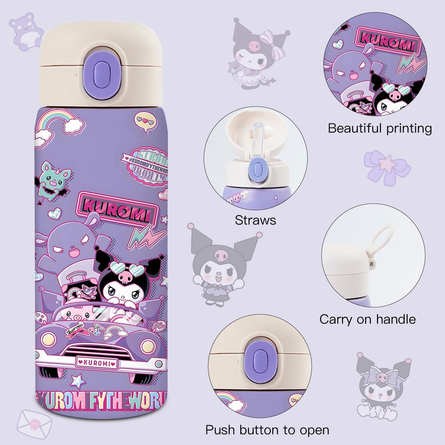 Cute Water Bottle, Vacuum Insulated Cartoon Stainless Steel 17Oz Kawaii Cup Thermoses