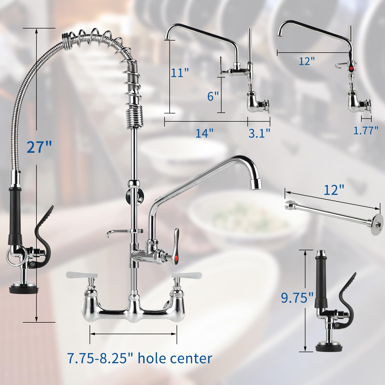 Kwode Commercial Kitchen Faucet With Pre Rinse Sprayer 8 Inch Center Wall Mount Sink Faucet 27" Height 12" Swivel Spout Pull Down Spray Faucet For Restaurant Industrial Compartment Sink, Brass Chrome