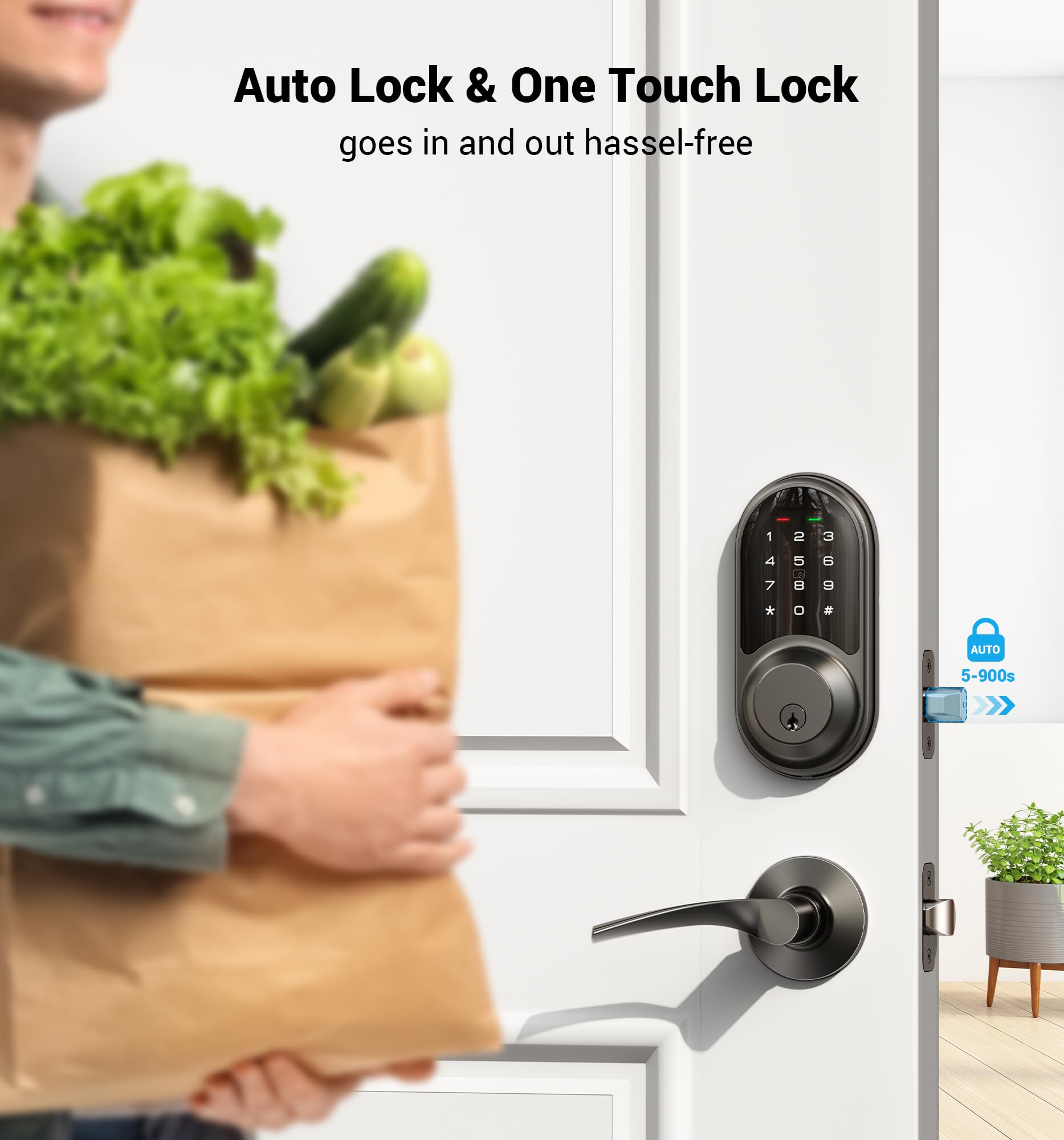 Veise Rz06B Smart Locks For Front Door, 2 Lever Handle Set, Keyless Entry Deadbolt, App Control, Electronic Digital Touchscreen Keypad, Auto Lock, Ip54 Waterproof, Easy Installation, Matte Black