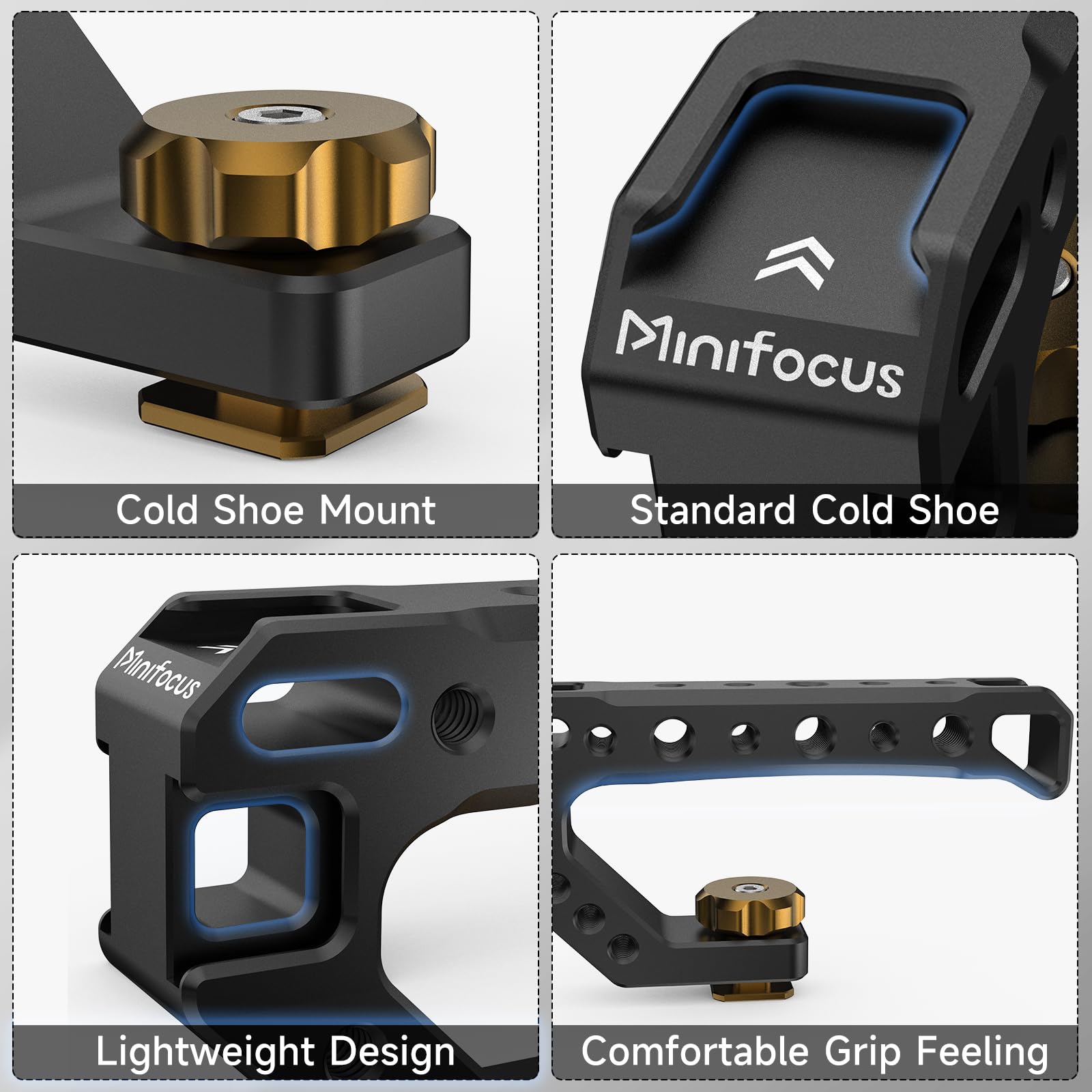 Minifocus Top Handle With Cold Shoe Mount, Lightweight Handle Grip For Camera Cage, Universal Camera Top Handgrip With 4 Cold Shoe And 1/4" & 3/8" Holes For Camera Cage, Microphone, Led Light, Monitor