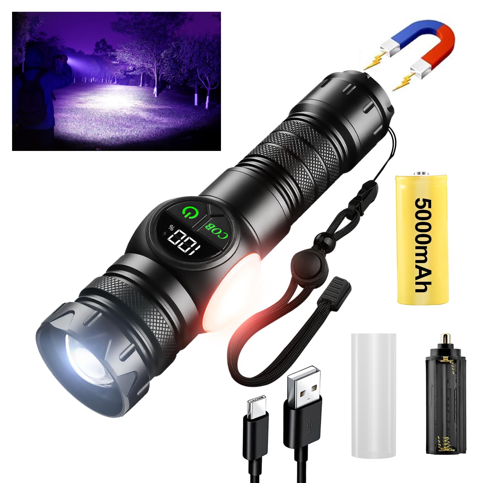 Iodoo 4 In 1 Rechargeable 6500K / 395Nm Uv Flashlight Dimming Stepless True 5000 Lumens Ip45 Zoomable Beam Uv Light, 5000Mah Zoomable Beam Led Flash Light With Magnet Power Failure