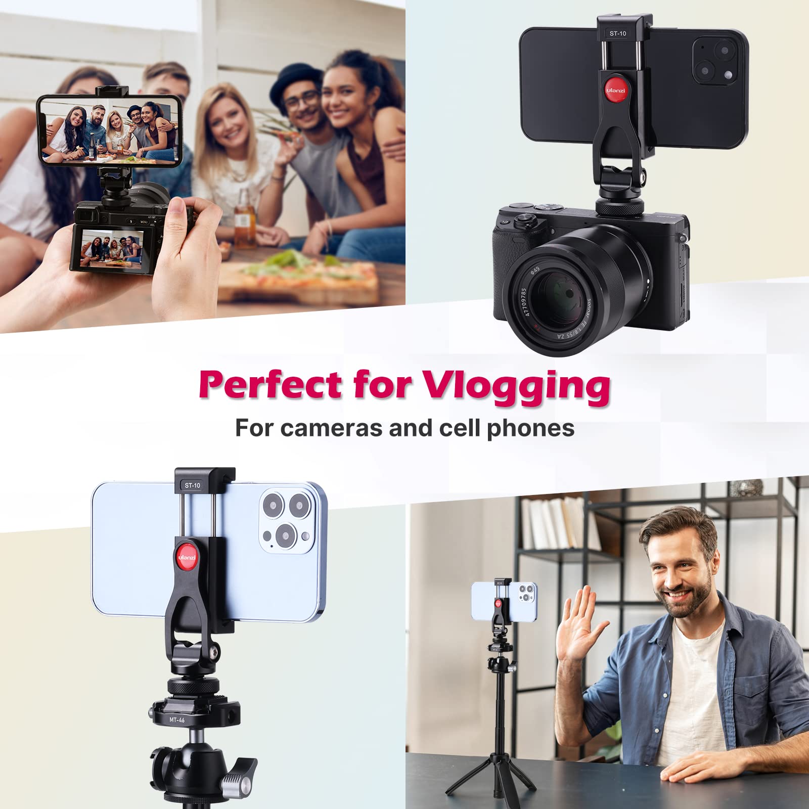 Ulanzi Metal Phone Tripod Mount St-10, Universal 360° Smartphone Adapter With 2 Cold Shoe Mount, Adjustable Cell Phone Clamp Stand Holder, Compatible With Iphone, Samsung Galaxy And All Phones