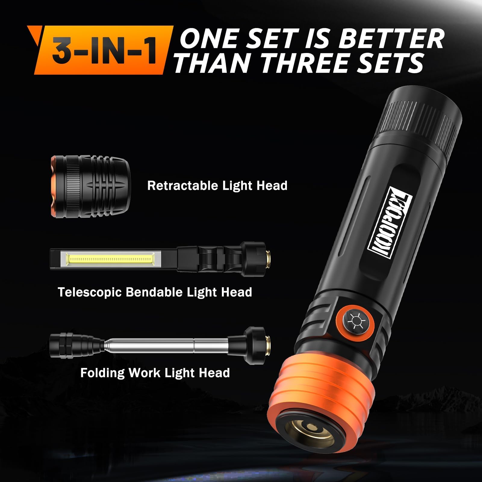Koopool Tool  For Men, 650,000 Lumens Rechargeable Flashlight, 3-In-1 Led Work Light With Magnetic Base & Pick-Up Tool, 5000Mah Battery, Hands- For Garage, Camping, Hiking, Emergency