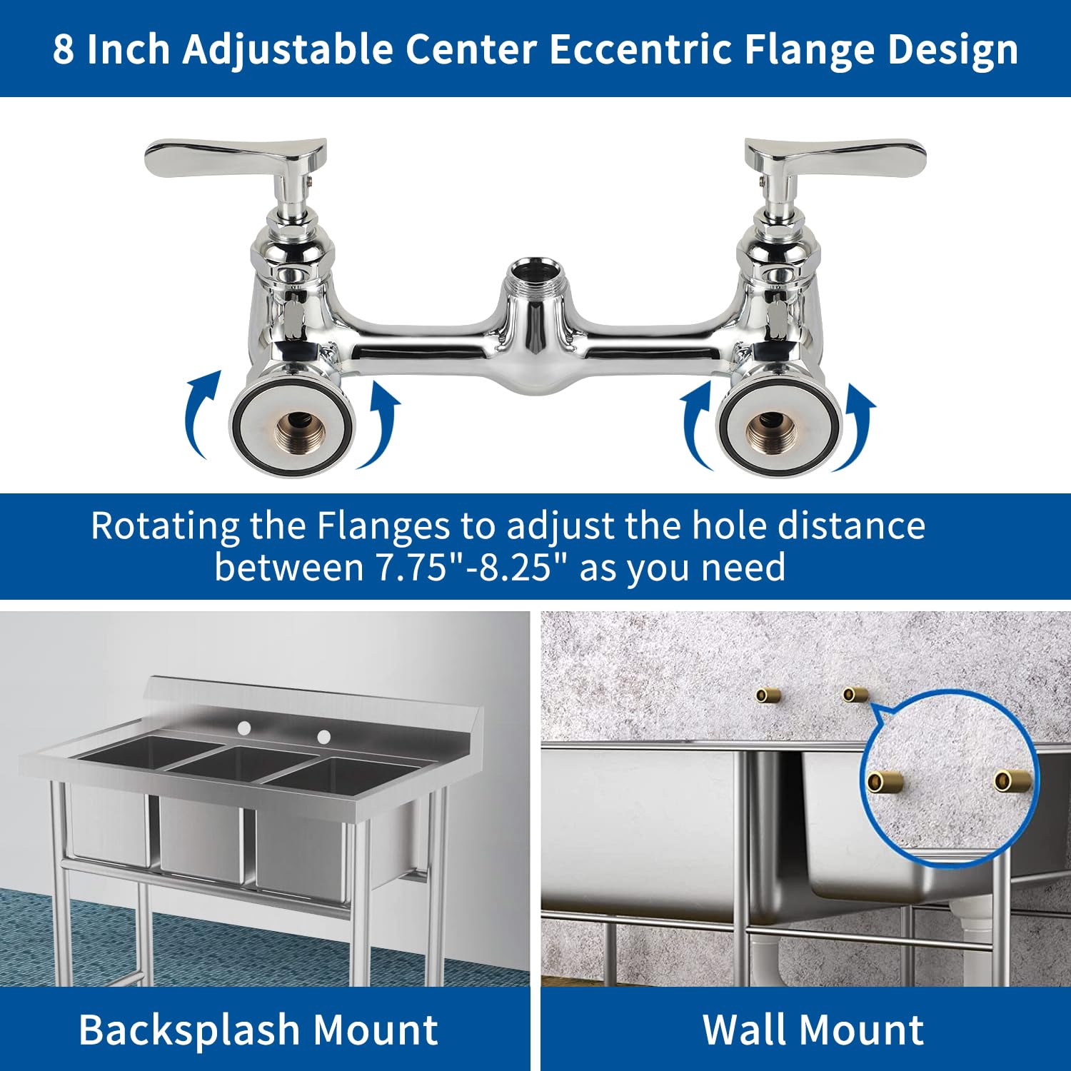 Kwode Commercial Kitchen Faucet With Pre Rinse Sprayer 8 Inch Center Wall Mount Sink Faucet 27" Height 12" Swivel Spout Pull Down Spray Faucet For Restaurant Industrial Compartment Sink, Brass Chrome