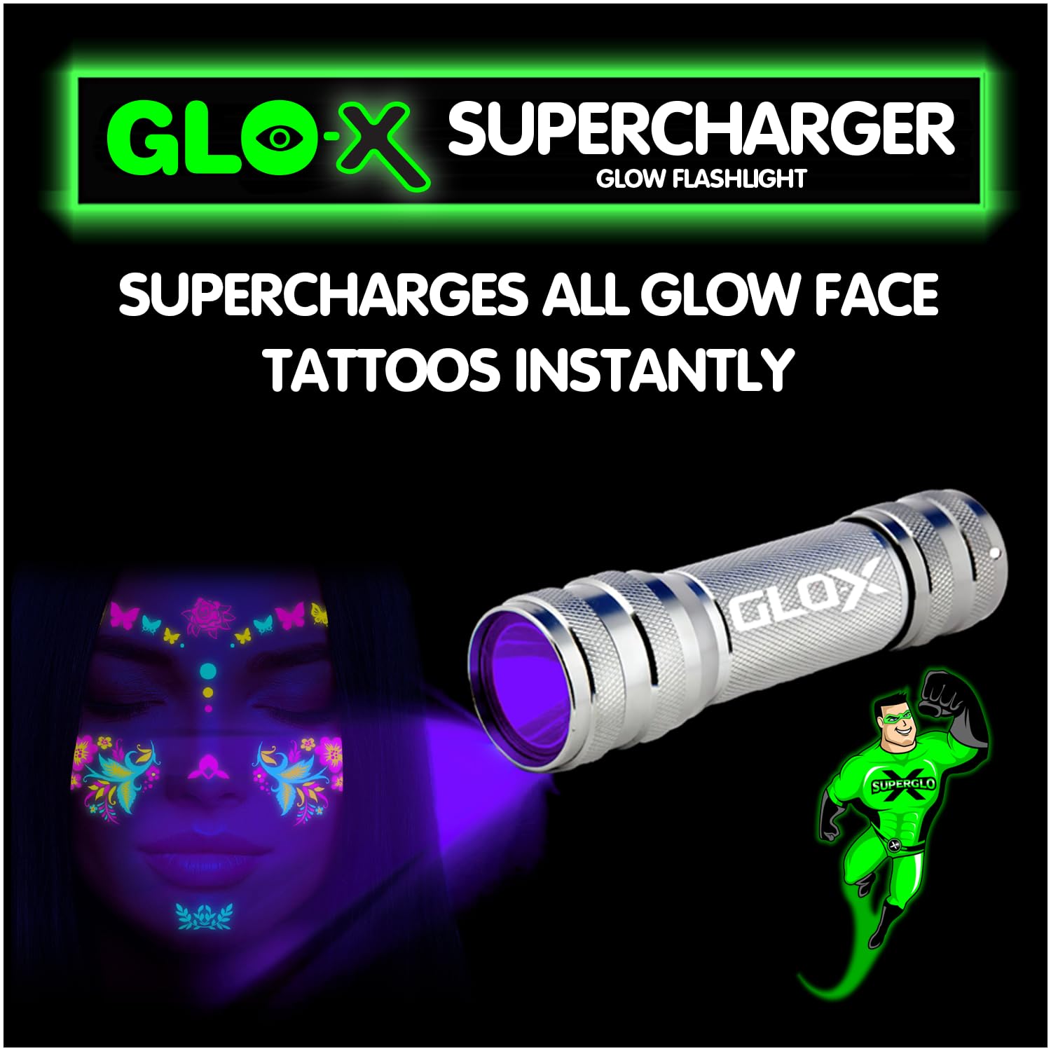 Glo-X Supercharger Uv Black Light Led Flashlight - Powerful High-Intensity Blacklight Charges All Glow In The Dark Products For Glow-In-The-Dark Paint, Charms, Fishing And Camping